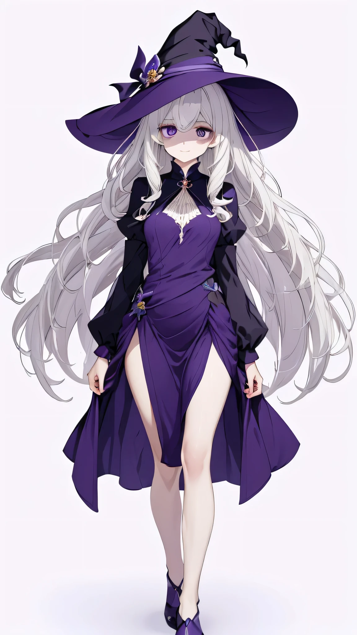 masterpiece,  best quality,(( standing picture of one adult woman standing straight)), with wavy white hair up to the waist , ( white skin), purple eyes,Thin eyebrows,((Dark purple dress with open thighs )),((Mid-length bangs )),Eyes that lack sleep,Respectful smile ,((Solid white background)),pumps, Witch Hat 