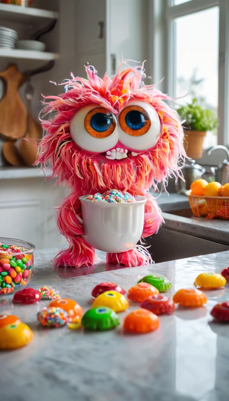 A happy monster, big eyes, made of candy, smiling, on the counter of a kitchen