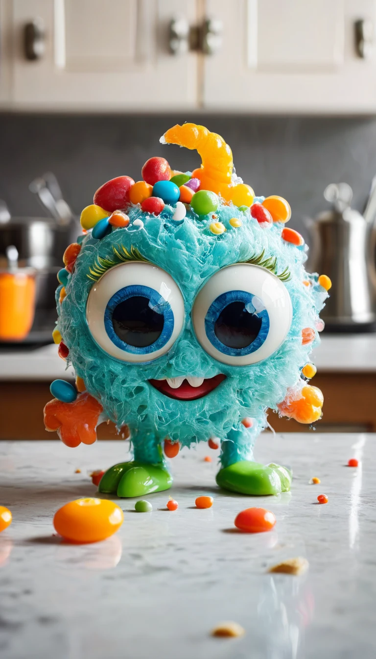 A happy monster, big eyes, made of candy, smiling, on the counter of a kitchen