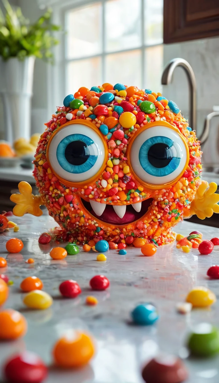 A happy monster, big eyes, made of candy, smiling, on the counter of a kitchen