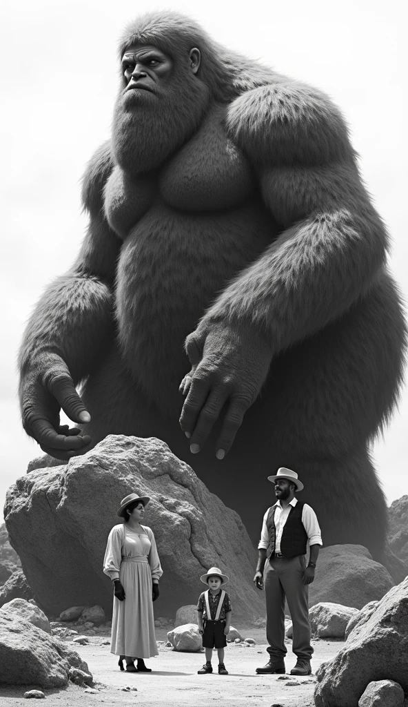 giant monsters in the background of old school family photos, sepia toned images, old Daguerreotypes styled