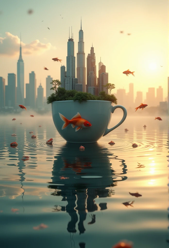 masterpiece, best quality, 8k, highres, ultra-detailed, HDR, UHD, photorealistic style, surreal cityscape, calm water reflecting the city above, focus on the reflection, upside-down city made of stacked teacups, floating chairs and giant goldfish in the reflection, realistic city skyline above with subtle distortion in water, warm sunlight highlighting the reflection, intricate water ripples, misty atmosphere blending the reflection and reality, surreal and captivating, hyperrealistic textures, reflection as the centerpiece, subtle surreal humor
