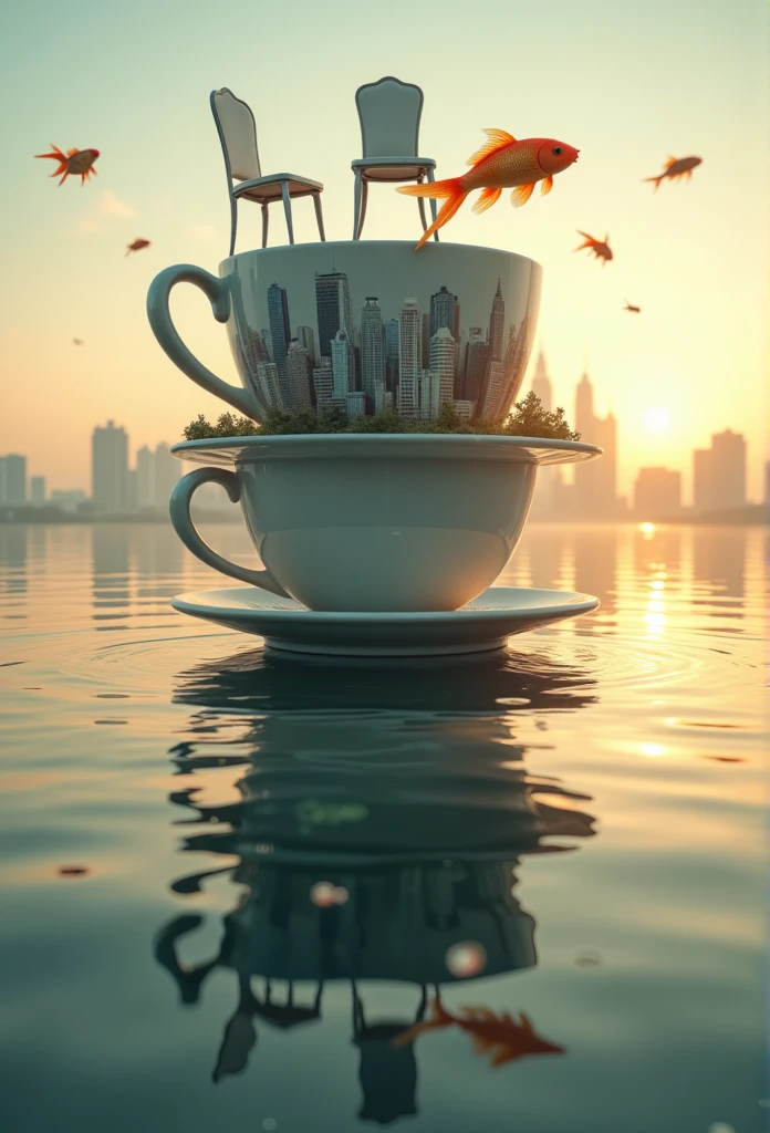 masterpiece, best quality, 8k, highres, ultra-detailed, HDR, UHD, photorealistic style, surreal cityscape, calm water reflecting the city above, focus on the reflection, upside-down city made of stacked teacups, floating chairs and giant goldfish in the reflection, realistic city skyline above with subtle distortion in water, warm sunlight highlighting the reflection, intricate water ripples, misty atmosphere blending the reflection and reality, surreal and captivating, hyperrealistic textures, reflection as the centerpiece, subtle surreal humor
