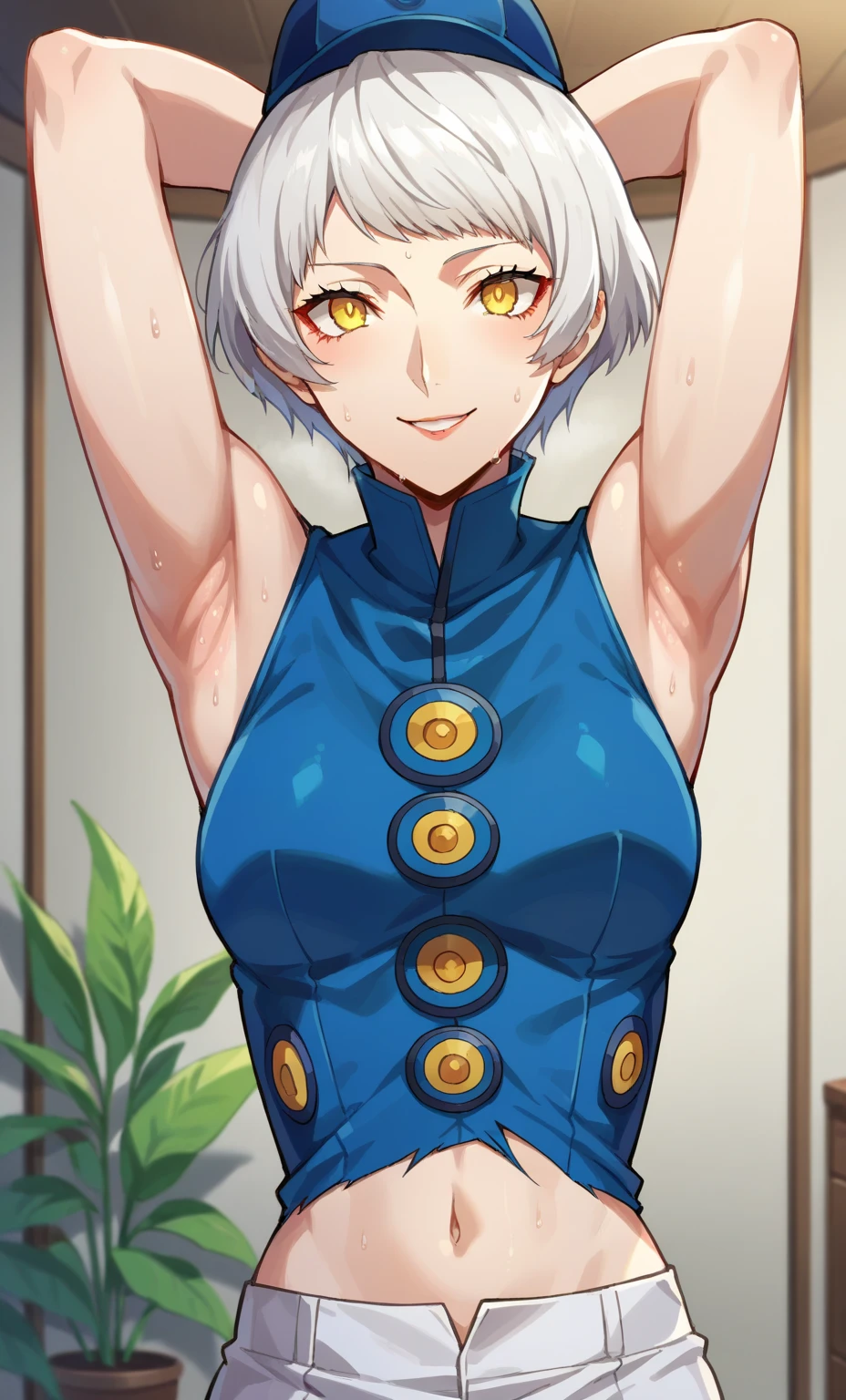 score_9, score_8_up, score_7_up, source_anime, anime screencap, 1girl, solo, indoors, elizabeth from persona 3, short hair, white hair, yellow eyes, blue clothes, blue hat, medium breasts, bare shoulders, bare arms, looking at viewer, eye contact with viewer, facing viewer, smile, closed mouth, arms behind head, armpits, mature female, navel, upper body, white pants , sweaty armpits