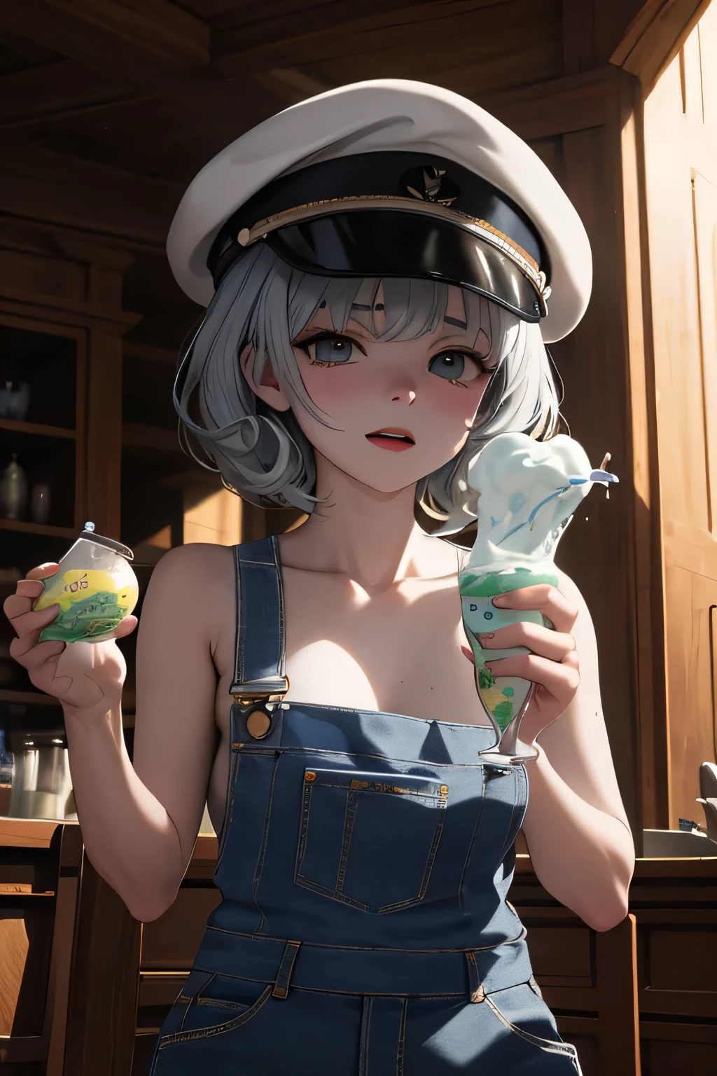 Masterpiece, Best Quality, Coloured image,Hi-Res, source_anime, (good_hands:0.9) , 1girl, black eyes, focused eyes, dark silver coloured hair, short curly hair, cap, yellow coloured cap, overall Jeans clothes, inner white shirt, medium breast, curvy body, blue jeans, holding object, yogurt, holding yogurt, looking at viewer, from front.stand, High Contrast Glossy Oily Skin, shy ,scared, yard, front yard, home ,daylight, dramatic shadows, cinematic sun lighting, (light particles:0.8)