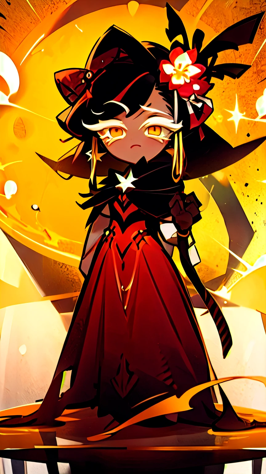  masterpiece, best quality, 1fille, ((Black hair))), orange eyes, long hair, red dress