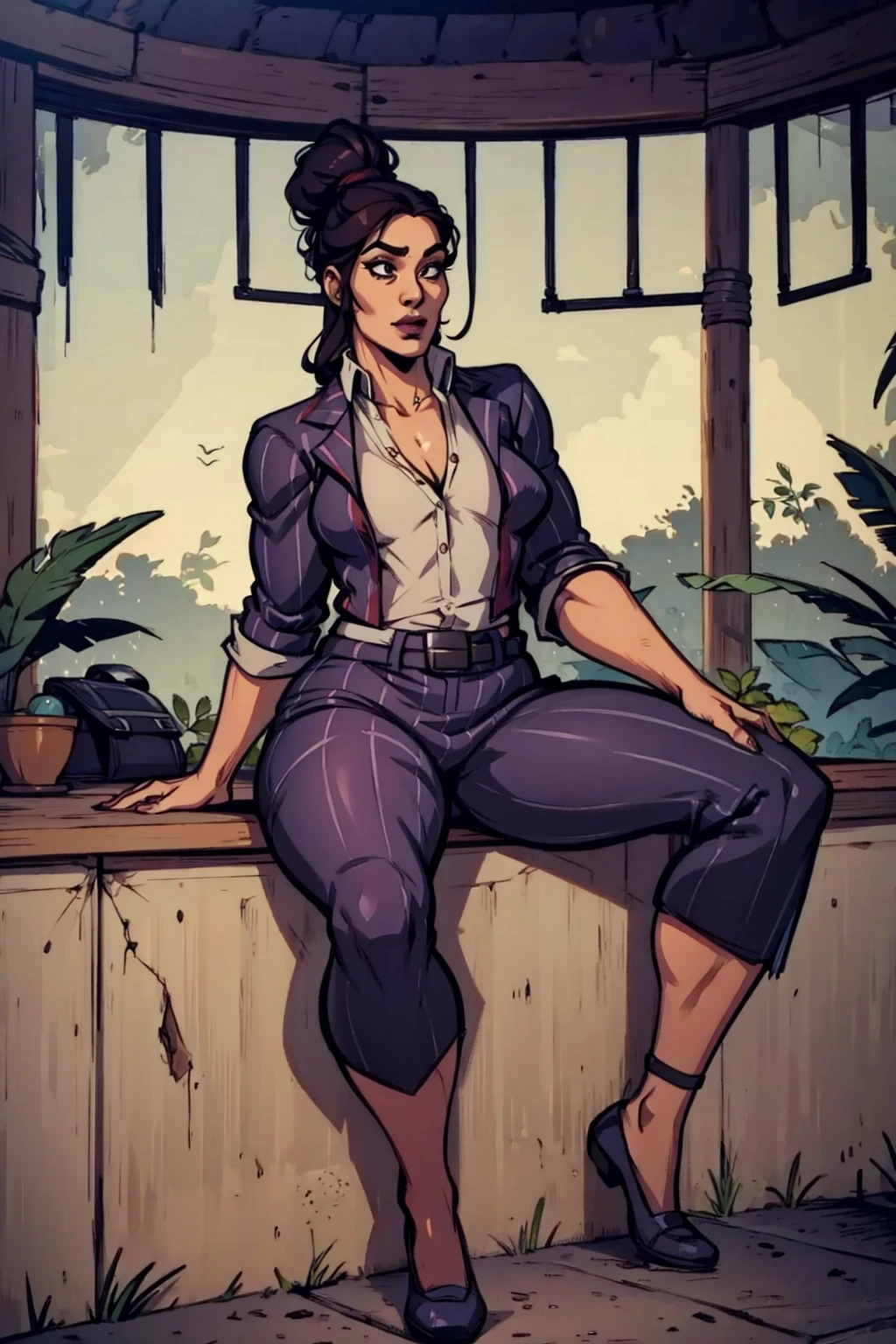 Digital art, highly detailed, angled view, sexy sitting pose, legs spread apart, hands held up in a fighting form, mature woman, adult female, full curvy figure, whole body, form-fitting, Jane Romero (Dead by Daylight) inspired costume, pinstriped blazer, blouse, belt, pinstriped baggy pants that ends above the ankle, belt, flat office shoes, 1woman, solo, upper body, lower body, ((Extremely Detailed)), ((Best Quality)), ((Masterpiece)), ((4k)).
