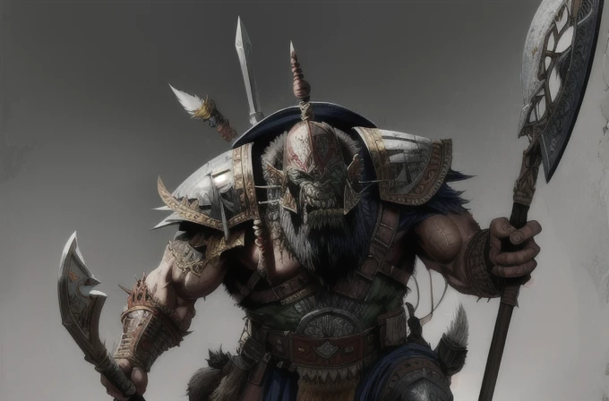 one ork, turk armor, dai li hat, polearm, muscular, full body focus, (masterpiece:1.2) (illustration:1.2) (best quality) (detailed) (intricate) (8k) (HDR) (wallpaper) (cinematic lighting) (sharp focus)(highly detailed face) 