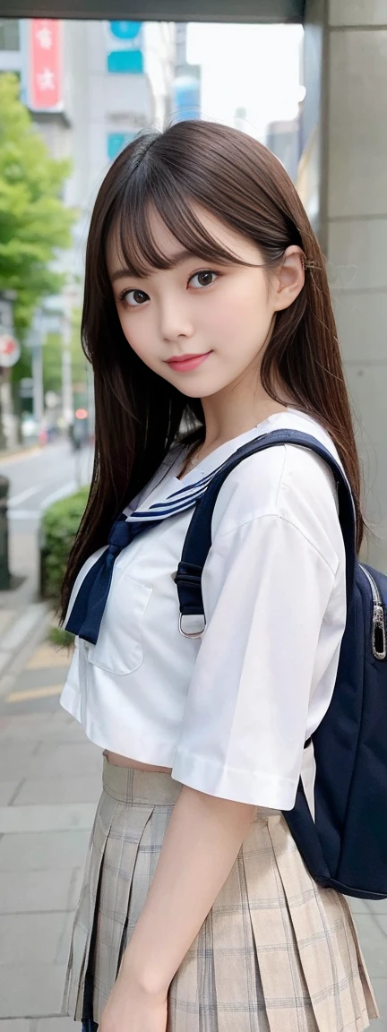 (masterpiece,  best quality:1.2),  one girl , Alone, 1,  Japanese woman with a viewing angle of, Super cute idol-like face , Beautiful model-like figure,  double eyelid big eyes , ( white shirt,  sailor school uniform,  Navy Blue Pleated Skirt:1.2),  dark brown hair,  medium straight hair , With bangs, Carry a backpack to school, smile, The background is Shibuya Ward, Tokyo.,