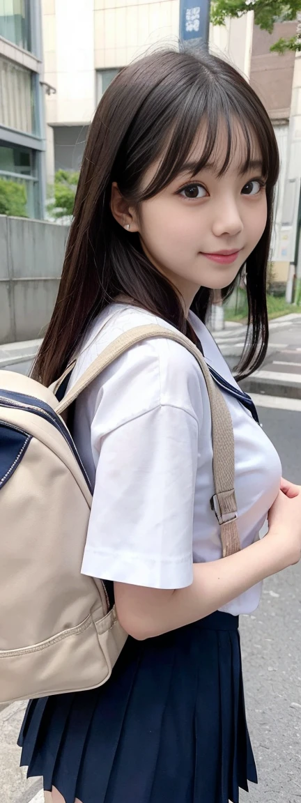 (masterpiece,  best quality:1.2),  one girl , Alone, 1,  Japanese woman with a viewing angle of, Super cute idol-like face , Beautiful model-like figure,  double eyelid big eyes , ( white shirt,  sailor school uniform,  Navy Blue Pleated Skirt:1.2),  dark brown hair,  medium straight hair , With bangs, Carry a backpack to school, smile, The background is Shibuya Ward, Tokyo.,