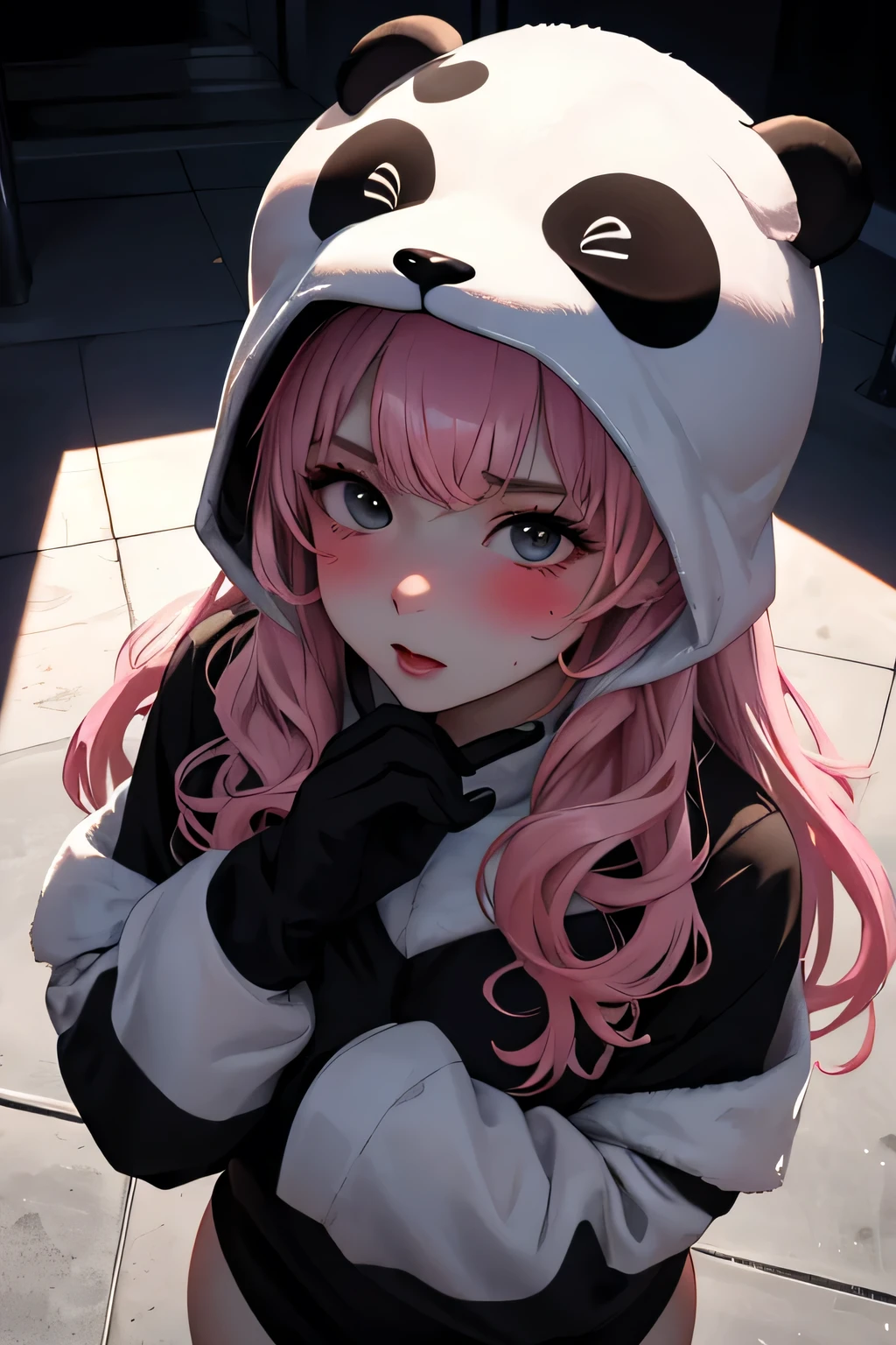 Masterpiece, Best Quality, Hi-Res, source_anime, (good_hands:0.9) , 1girl, black eyes, pink hair,  curly long hair, panda costume, curvy body, High Contrast Glossy Oily Skin, theme park, from above.stand, blushing, shock, shy, looking at viewer, dramatic shadows, cinematic sun lighting, (light particles:0.8)