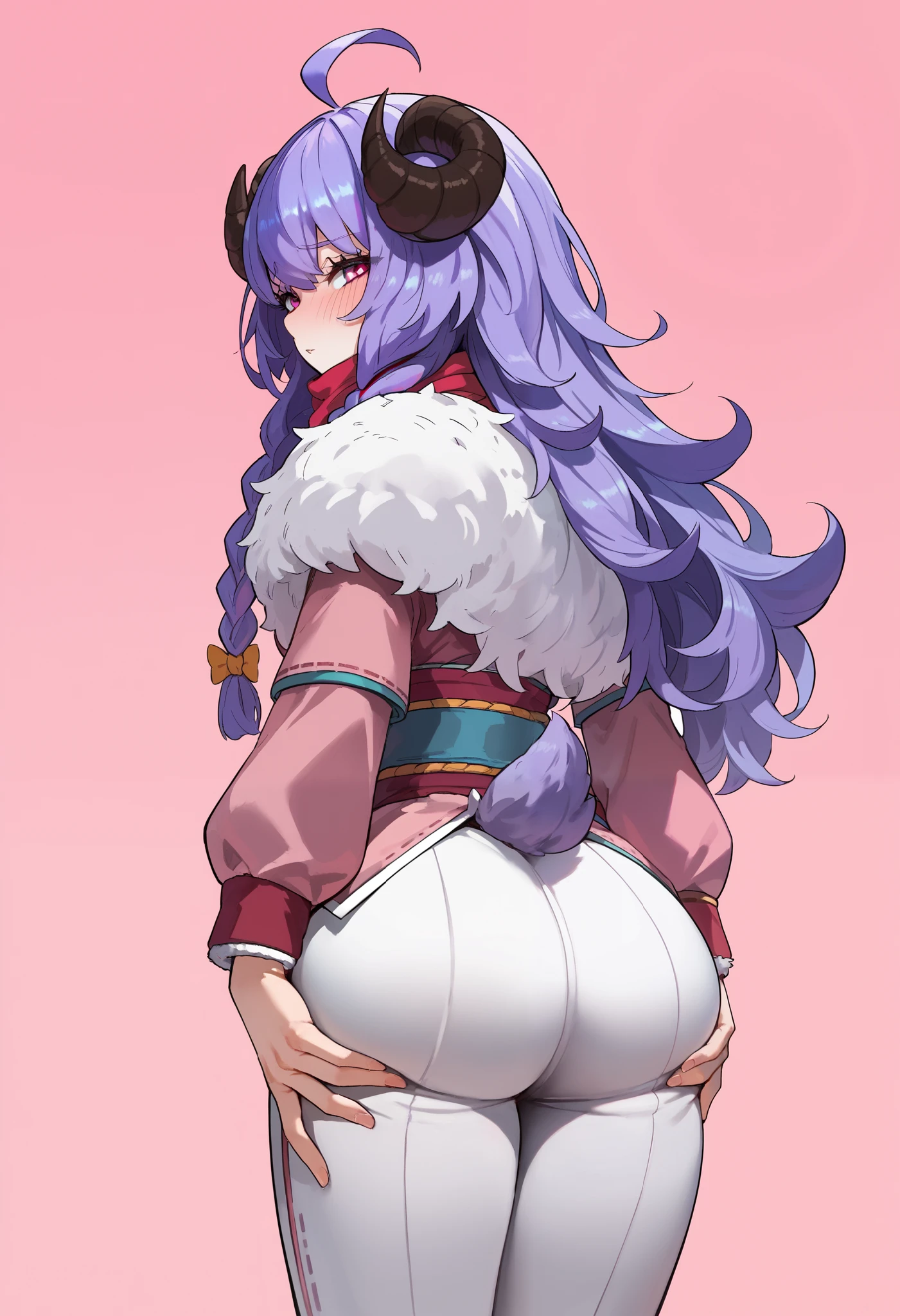 Masterpiece, anime, 1girl, Sbkin, sheep girl, long hair, purple hair, braids, curved horns, pink eyes, ahoge, (purple tail), japanese clothes, white puffy pants, scarf, fur trim, from behind, hand on ass, looking at viewer, blush, upper body, relaxed, looking back, pink background, simple background, score_9, score_8_up, score_7_up, unaestheticXL_bp5