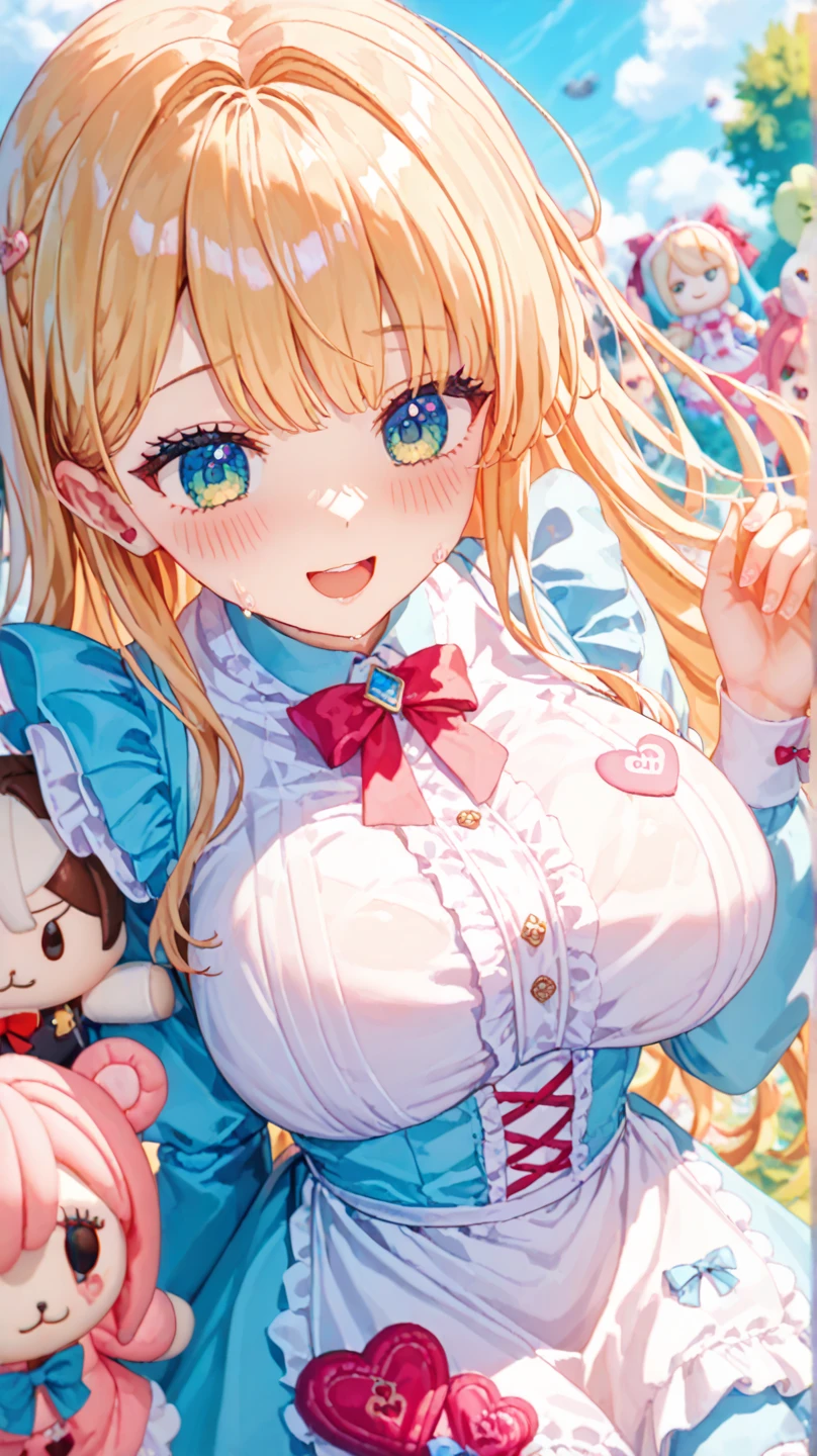 Highest quality、Masterpiece、boy,((It's a Small World:1.3)),smile,Princess style from the fairy tale world,alice in wonderland,cheshire cat,close up of face,(polka dot background:1.2),red and white and pink and yellow,(look up:1.3),(NSFW),(plump cleavage),