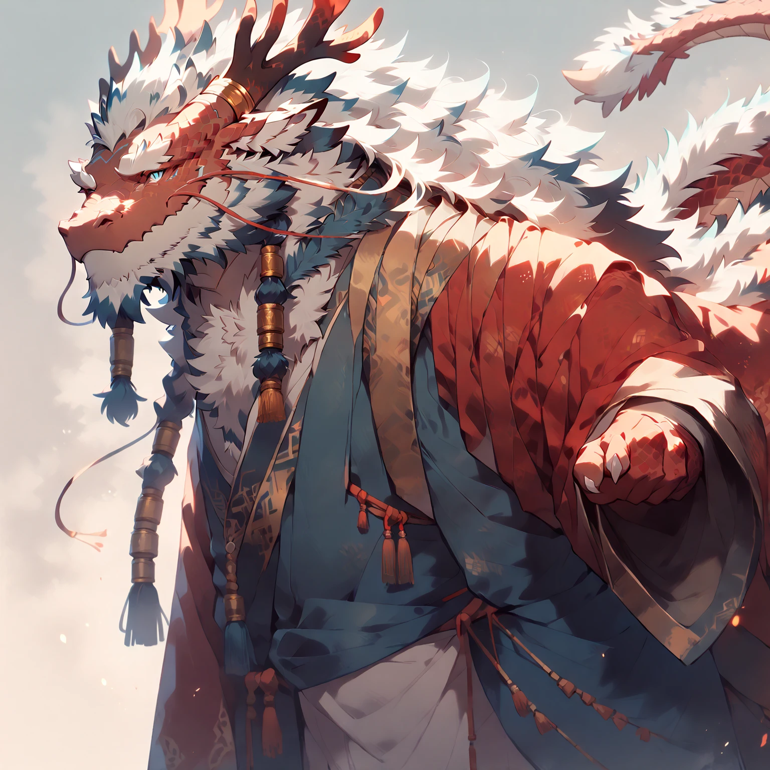 # Main Character: (Eastern Dragon Furry:1.8), muscular mature male, masterpiece, (full body portrait:1.4)

Dragon Features: (red scales:1.8), white belly scales, blue eyes, antlers, gray mane

Background: (solid color background:1.5), simple environment, (soft lighting:1.2), (warm color tones:1.3)
