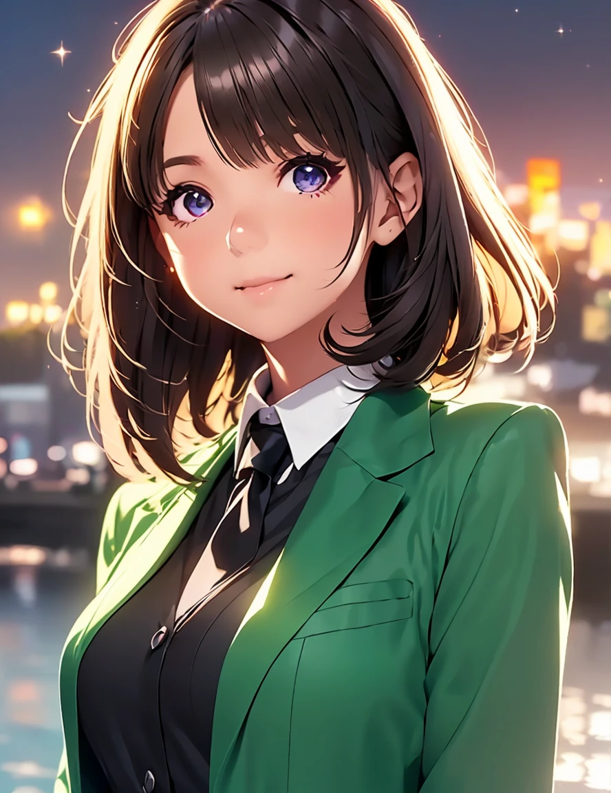   high definition  ,In 8K, best quality , Details,Semi-realistic anime, D-anime style, Smooth Anime CG , one girl , 19-year-old Japanese woman, very cute , slim,modeling,((Sparkling Eyes)),(( medium hair)),(( emerald green jacket)),(((black collared shirt ))),(( Black Shirt )),((Yellow tie)), pink lips, Shiny brown hair, Detailsな顔,Beautiful and  Details,,((深い青紫色のSparkling Eyes)),(Shut your mouth.),(Laughter),(Pier at night),((Beautiful bokeh background)),Lupin the Third