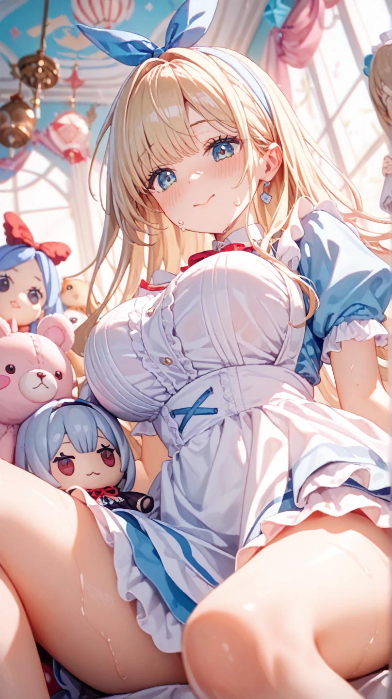 ((highest quality、High resolution、masterpiece))、(((2girls))), Portrait、、Young Girl、Perfect body、Beautiful breasts、Nipples、Long blonde、bangs、Blue and white、Embellished blue sexy dress、No panties、Embarrassed、((I&#39;ll lift my skirt and show you my pussy))、Love juice、I&#39;m tempting you