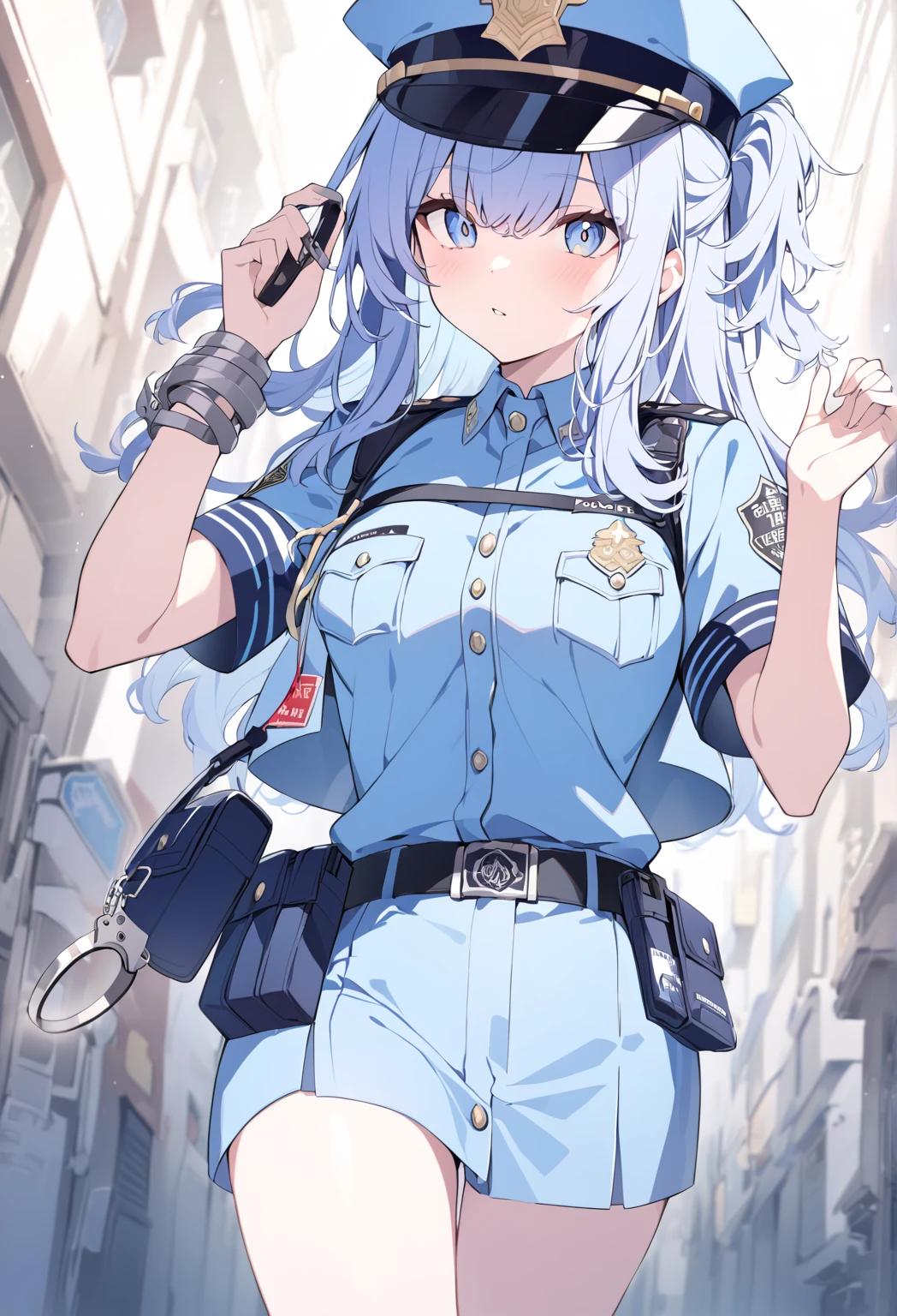 Beautiful police girl with light blue uniform and she has a handcuff in her hand and she look at me