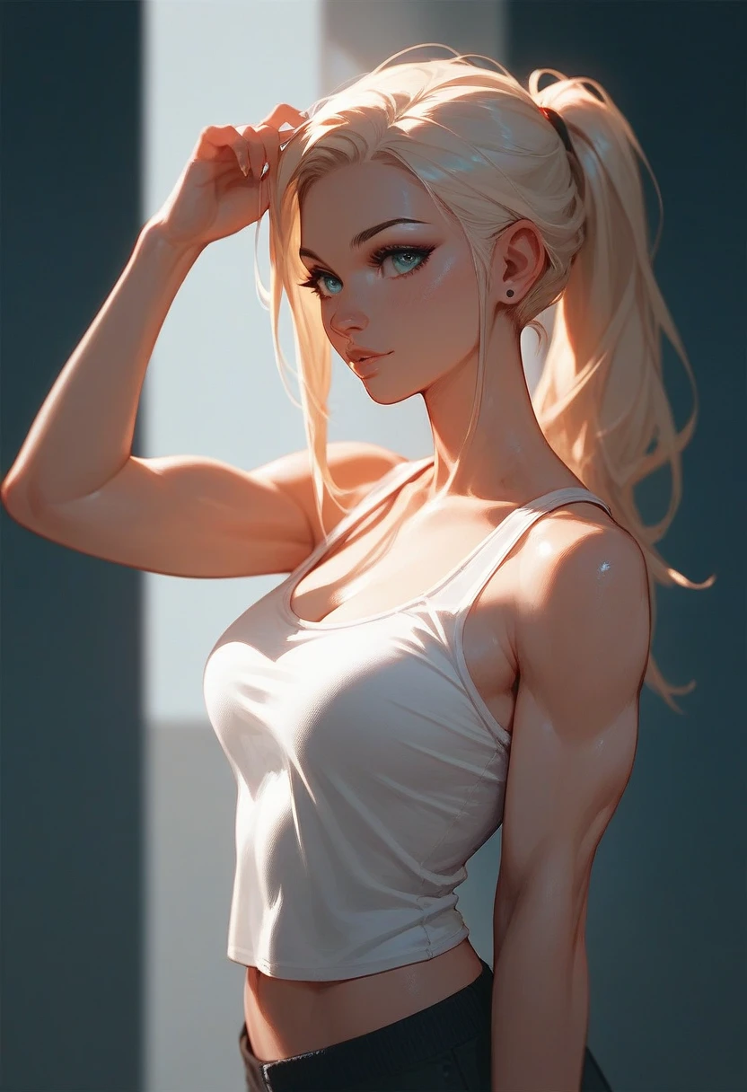 (最high quality, 4K), Beautiful woman, Ultra-realistic, 1 girl, (Huge breasts, Attractive body: 1.2), (Abdominal muscles: 1.1), Dark blonde hair, Ultra detailed Face, detailed Lips, detailed Eyes, detailed, Armpit hair, double eyelid, (Sensual white and gold bikini style), Side pose, Visible curves, Hairy armpits, Long Hair, Big arms, Big biceps, Realistic armpit hair, oiled body, sexy, bodybuilder, masterpiece, 最high quality, high quality, High resolution, 