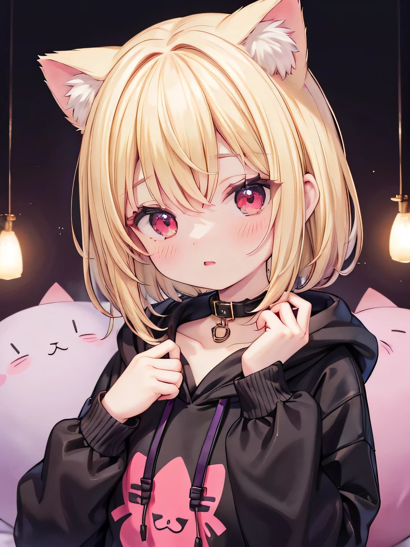 8k, Blonde、 shortcuts、Cat ears、Red eyes、Black collar、Purple hoodie、