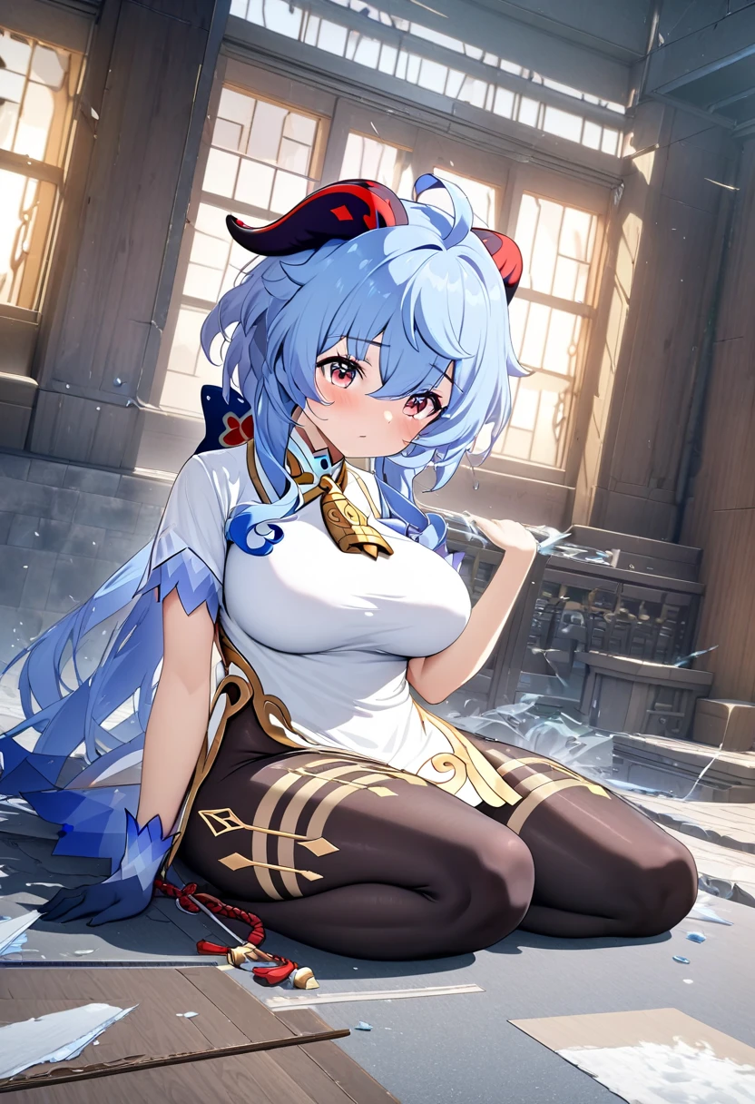((beautiful),(sexy),(ganyu),(squatting),(1girl),(light blue hair),(thick thighs),(tight white clothing)), (wide shot), (high illumination), (dynamic angle), (dynamic pose)