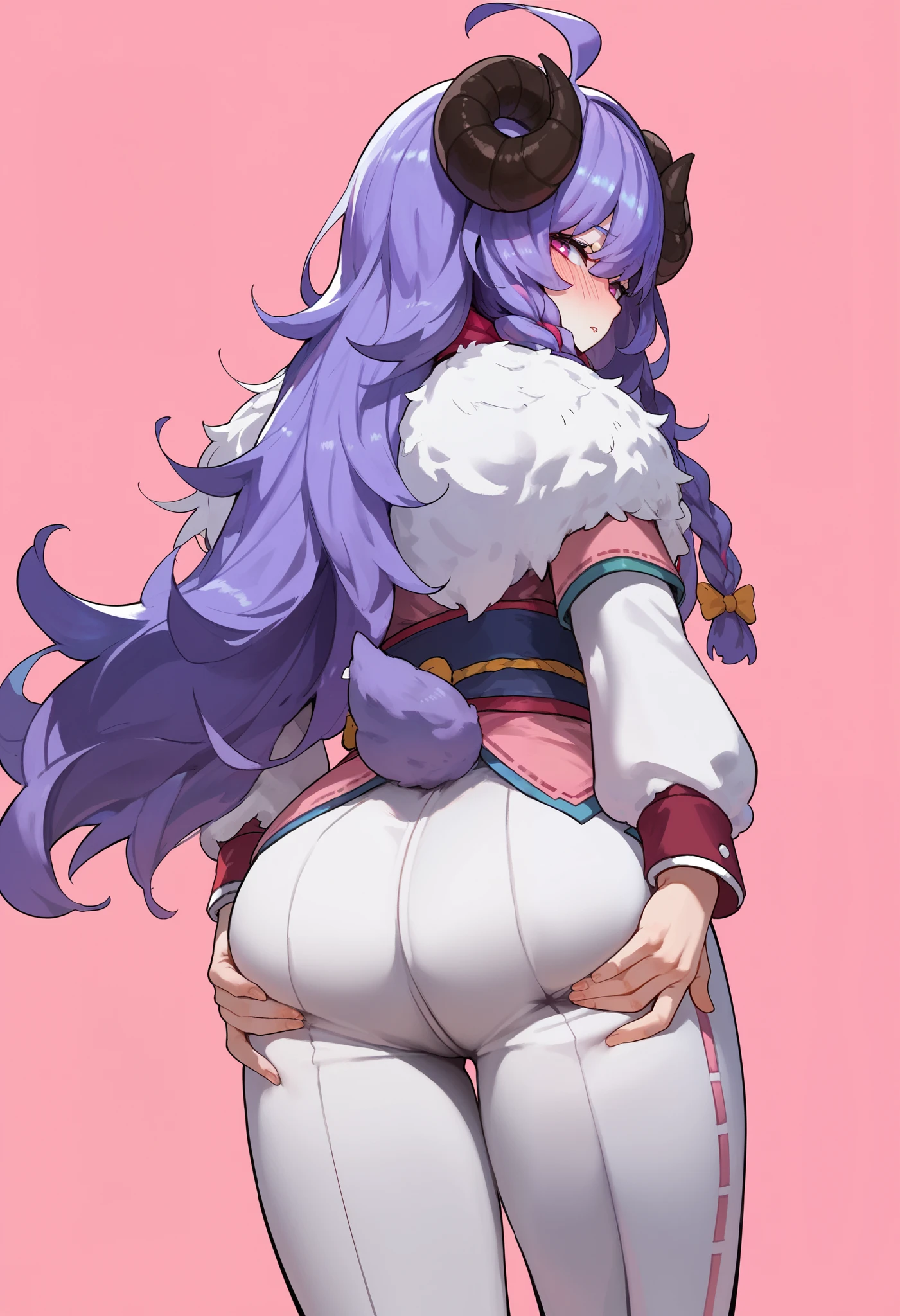 Masterpiece, anime, 1girl, Sbkin, sheep girl, long hair, purple hair, braids, curved horns, pink eyes, ahoge, (purple tail), japanese clothes, white puffy pants, scarf, fur trim, from behind, hand on ass, , looking at viewer, blush, upper body, relaxed, looking back, pink background, simple background, score_9, score_8_up, score_7_up, unaestheticXL_bp5