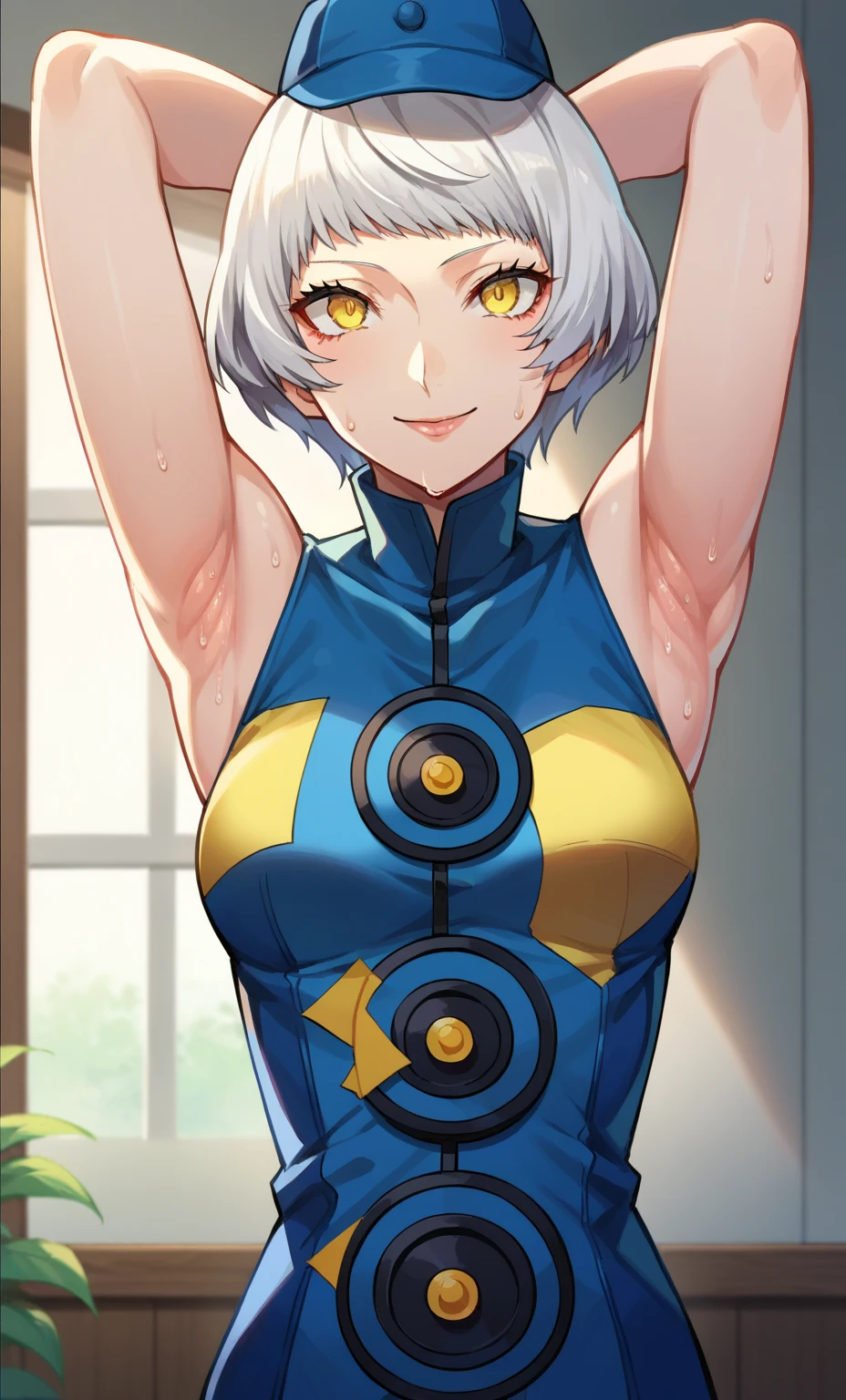 score_9, score_8_up, score_7_up, source_anime, anime screencap, 1girl, solo, indoors, elizabeth from persona 3, short hair, white hair, yellow eyes, blue clothes, blue hat, medium breasts, bare shoulders, bare arms, looking at viewer, eye contact with viewer, facing viewer, smile, closed mouth, arms behind head, armpits, mature female, upper body, sweaty armpits, juicy armpits