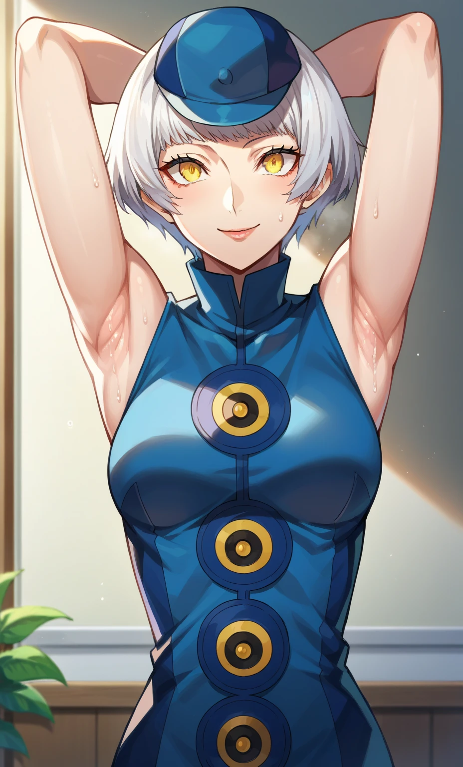 score_9, score_8_up, score_7_up, source_anime, anime screencap, 1girl, solo, indoors, elizabeth from persona 3, short hair, white hair, yellow eyes, blue clothes, blue hat, medium breasts, bare shoulders, bare arms, looking at viewer, eye contact with viewer, facing viewer, smile, closed mouth, arms behind head, armpits, mature female, upper body, sweaty armpits, juicy armpits