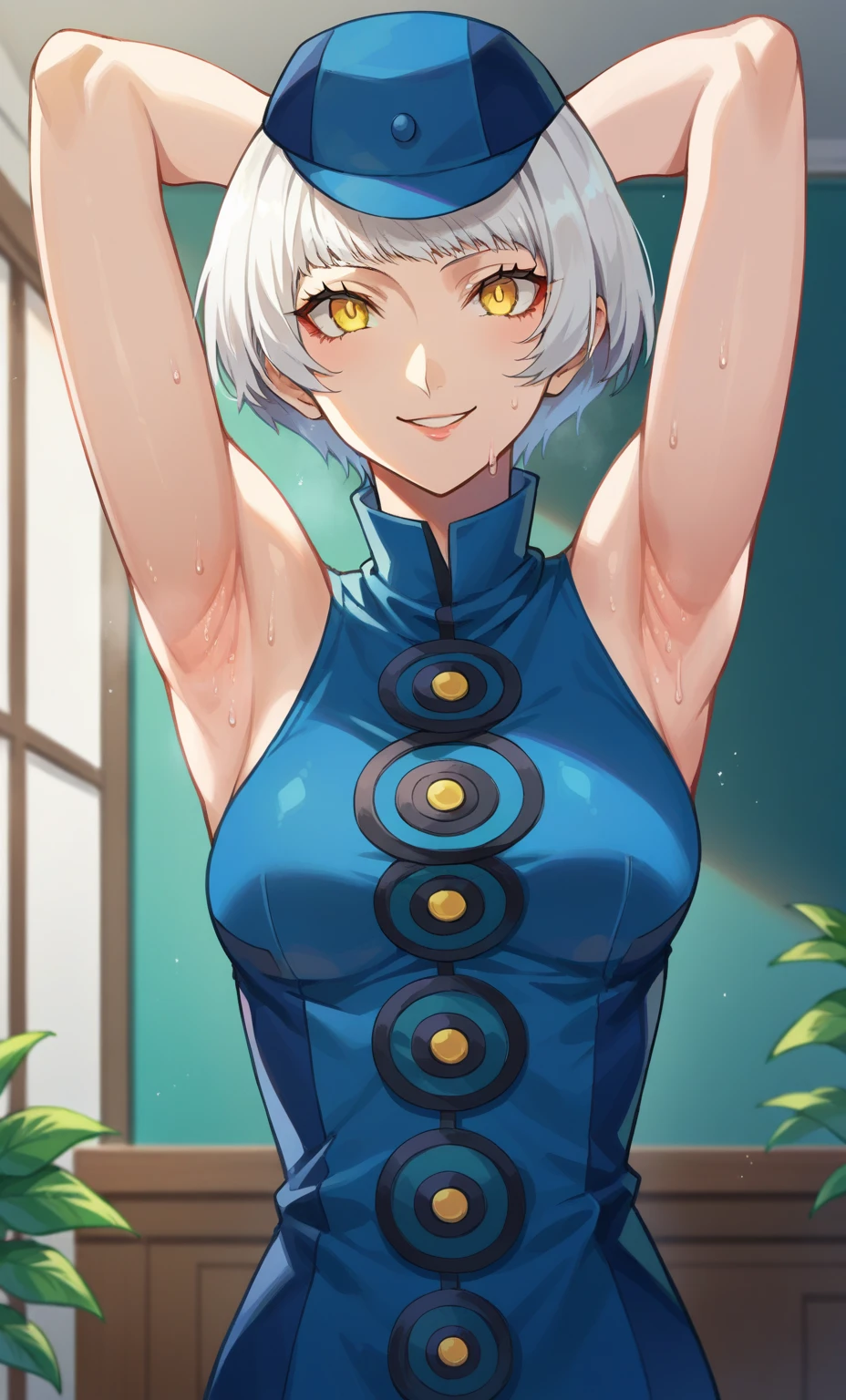 score_9, score_8_up, score_7_up, source_anime, anime screencap, 1girl, solo, indoors, elizabeth from persona 3, short hair, white hair, yellow eyes, blue clothes, blue hat, medium breasts, bare shoulders, bare arms, looking at viewer, eye contact with viewer, facing viewer, smile, closed mouth, arms behind head, armpits, mature female, upper body, sweaty armpits, juicy armpits