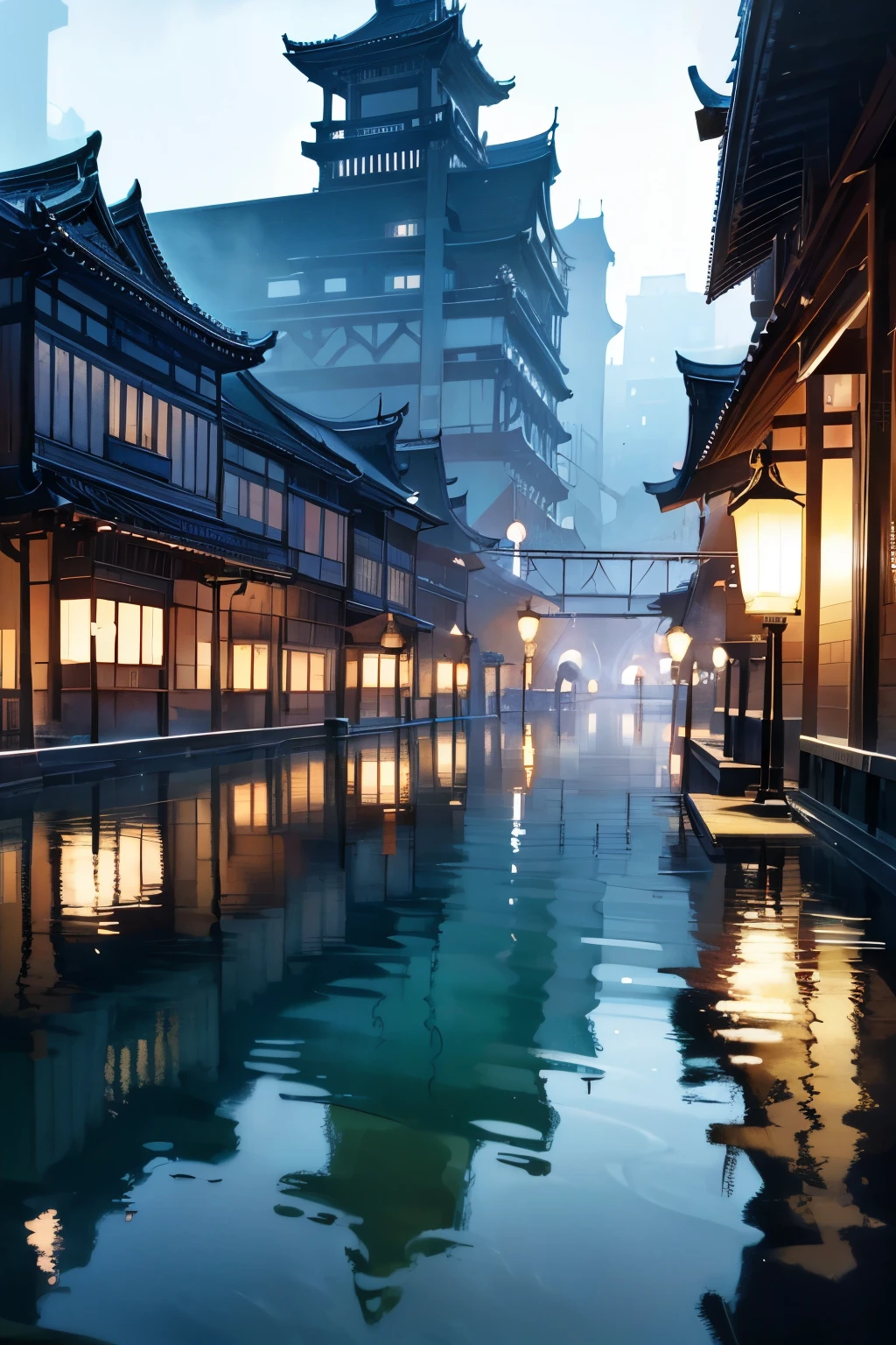 ((Highest)), ( best quality ), ( Details), ( hyperreal), (Illustration), ( high definition ), (32K), (非常に Detailsな), (bestIllustration), ( Official Art) , {{ amazing, best quality , limited precision CG , unity 8k Wallpaper , Movie Lighting}}, (( panorama)), Cityscape reflected on the surface of the water 、Exquisite architecture、きらめくreflection、 moody lighting 、 Cinematic Atmosphere 、 vibrant colors、 big things 、 dramatic shadows 、 Gentle Tranquility 、 Architectural Details 、Rippling Water、Dramatic perspective 、Fascinating Symmetry 、 photorealistic quality、 Cinematic Composition 、masterpiece、8k、超 Details、 under vie 、 Digital Painting 、湖の上に優先となった古代都市street、 A vast city is reflected on the surface of the water , reflection, high definition , (( panorama)), street