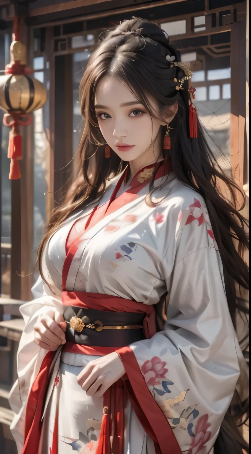 Photorealistic, High resolution, 1 woman, hips up high, Beautiful eyes, Long hair, Ringed Eyes, Jewelry, The tattoo, Hanfu, chinese fairy, Taoist uniform、kimono