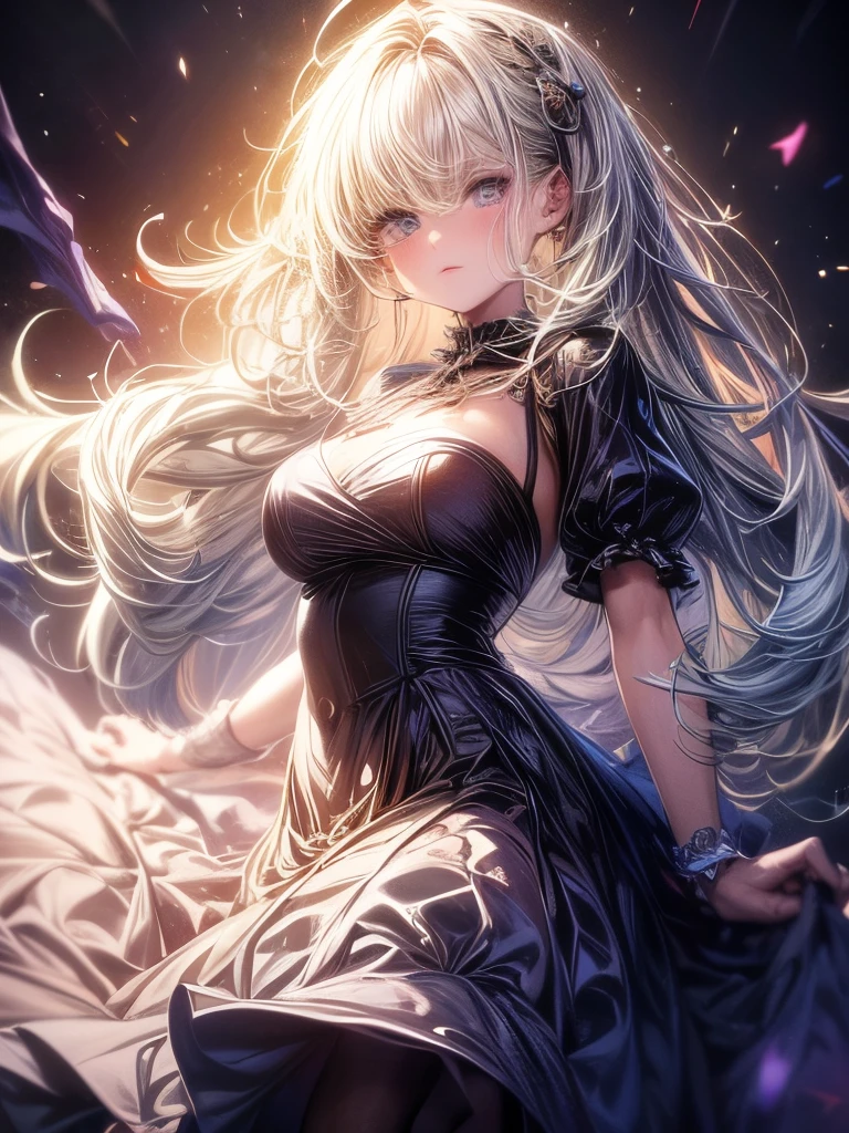 Paradise in Heaven, White lighting,(masutepiece), (Best Quality), (Cinematic), 8K, (art  stations), Li Yue painting style.(長いWhite hairとSilvery eyesを持つ1人の女), (Beautiful delicate face)、[ Particle Lou Full Moon] [Frozen trees々] [landscape crystal] [Lighting] [Ethereal Atmosphere]:1.1] [Fantasy, short story] [soft Lighting] [+Cinematic shot]:1.2 [+art  stations] [+luminous white background] [+soft Lighting] [soft glow] [Creative and dynamic angles]:1.3, [+Crystal Toning] 、masutepiece, ighly detailed, Ultra-detailed, Solo, (pale skin), Silvery eyes, White hair, (snowy background), (snowflake rosen flower:1.0), (shining crystal),, (Snowy ground), (White lashes), Female sexy、dreamy and detailed, Gorgeous setting, 妖しい雰囲気 masutepiece, The most beautiful scenes, An majestic、(((full of white flowers)))、quiet and serene atmosphere、A charming, all white tones,Inside the crystal library,Transparent flowers and falling snow，Many white roses are planted,(flowingwater,falls,water bloom),The decoration is also carefully done.,Dreamy（ighly detailedです，Creative Design，crisp and precise lines，K HD，best qualtiy，tmasterpiece，超hight resolution，4K）、Diverse poses、((beautiful white flower hair ornament))、Beautiful hairstyle、(Best Quality, 4K, 8K, hight resolution, masutepiece:1.2), Ultra-detailed, Detailed expression, Graceful posture, expressive brush strokes, mystic atmosphere, artistic interpretation,Delicate floral jewelry， (((Detailed design、Beautiful lace translucent dress、see-through small dress)))、(SFW:1.5), (Oversized breasts, best body proportions, proportions of large breasts,:1.5),(white decoration on thigh)、((Beautiful crystal accessories on the legs))。((Beautiful crystal accessories on the arm))、(((Design with a wide open chest)))