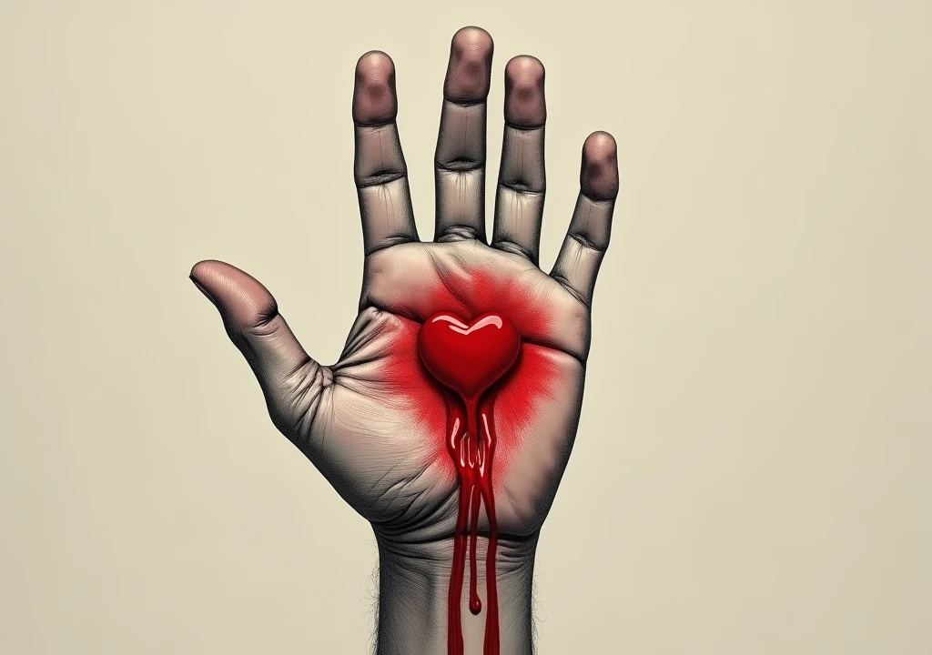 Severed hand with broken heart behind