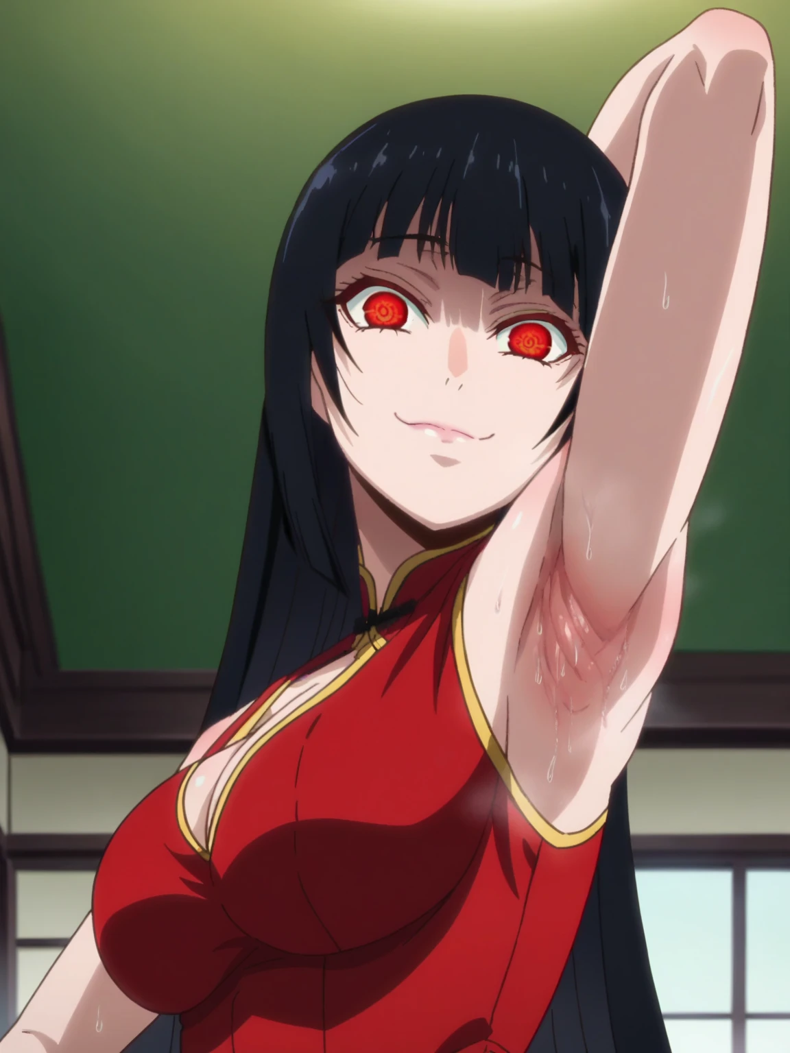 score_9, score_8_up, score_7_up, source_anime, anime screencap, 1girl, solo, indoors, day, Jabami Yumeko, red eyes, black hair, long hair, bangs, ponytails, large breasts, red chinese dress, cleavage, bare shoulders, bare arms, looking at viewer, eye contact with viewer, head towards viewer, smile, (smug:0.9), closed mouth, arm behind head, armpit, armpit up close, close-up of armpit, from side, from below, kakegurui_style, detailed armpits, sweaty armpits