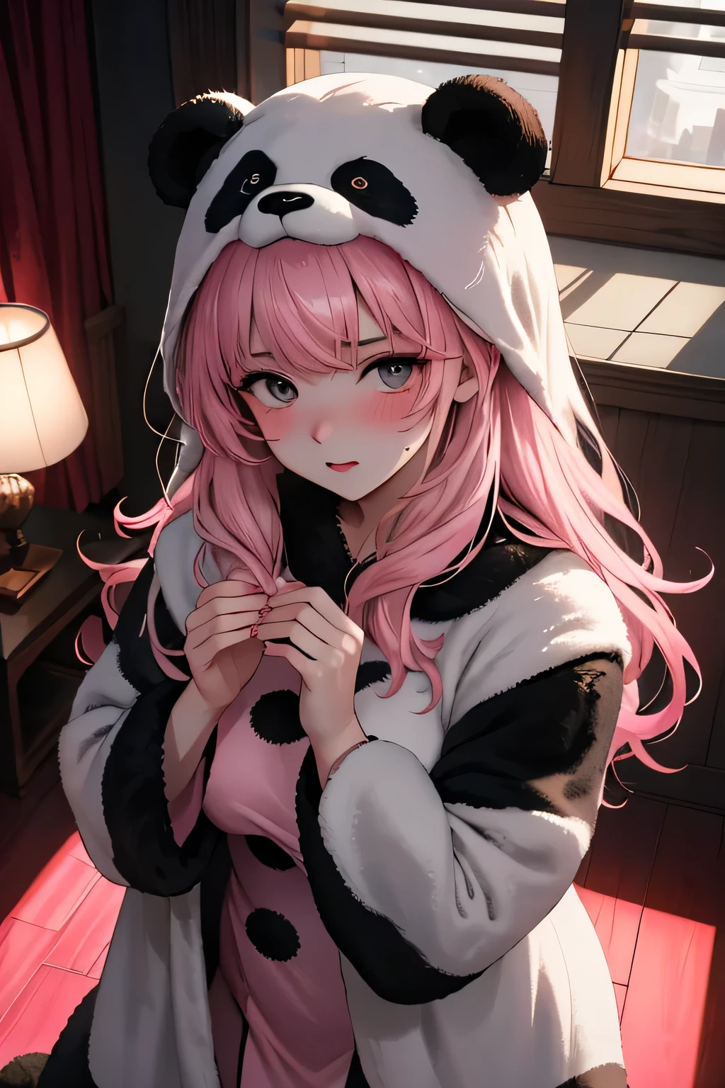 Masterpiece, Best Quality, Hi-Res, source_anime, (good_hands:0.9) , 1girl, black eyes, pink hair, curly long hair, panda costume, curvy body, High Contrast Glossy Oily Skin, living room , from above.stand, blushing, shock, shy, looking at viewer, dramatic shadows, cinematic sun lighting, (light particles:0.8)
