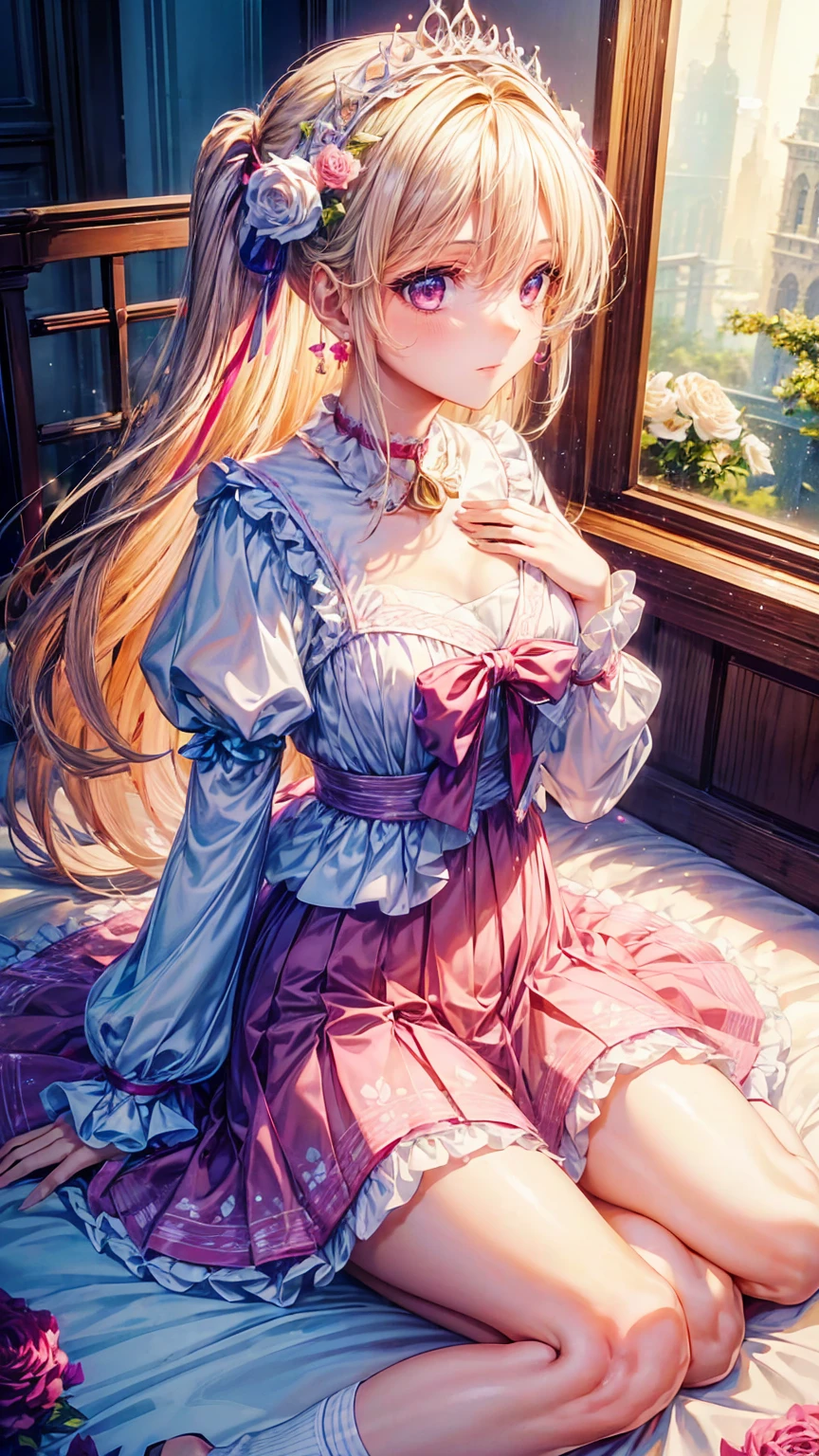 (8k,  best quality, masterpiece: 1.2),   Ultra High Definition ,,  Marie Antoinette ,  Super Detailed Face  ,fine grain,  opening slightly ,(blonde),Long Hair,   wavy hair in front of the station , break,Rococo Ruffle Dress,Long sleeve dress,  the dress has a long skirt  ,  Baroque Dress  ,   intricate fantasy dress  , Luxurious and glamorous dress ,   romantic dress, Frilled outfit  ,lottery, Data Style, Formal Wear, Fancy Fashion, palate colors include pink and white,(pink:1.5),Class A Smile,Gold Tiara,   Necklaces  ,Sit in a luxurious chair,   You Need to Touch Your Hands   ,(  rainbow light  :1.4),, Profile of the person staring out the window ,The rosebush is reflected in the window,(Inside Victoria Palace)、Her eyes are shining、今彼女のblondeの髪は腰まで伸びている、Rose-colored gradation and three, 薄いpinkのロック. 彼女は花柄の装飾が施されたGold Tiaraを着用し、  Matching earrings    , white flower choker. 彼女は金色のボタンで縁取られたフリル付きの白いストライプのpinkのトップを着ている, The white sleeves are in the shape of a bud  ..  a magenta ribbon flowing through her chest ..、 tied at the back of her neck 、Matching chest piece, Decorated with flowers.  her ruffled skirt is separated by a white line , Fastened with a large magenta ribbon、Decorated with gold, There is a small ribbon on the back. Her mini skirt、薄いpinkのマゼンタの貝殻状の裏地と白い花のペチコートでできている. 彼女はpinkの花がついた白い手袋も着用している, 白と薄いpinkの靴には、ゆるいカフとDecorated with flowersたマゼンタのリボンがある.
