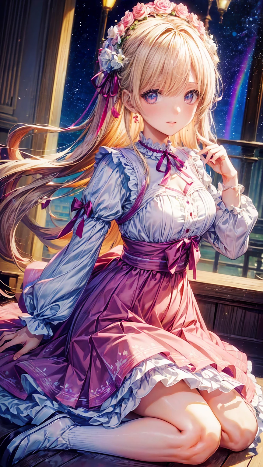 (8k,  best quality, masterpiece: 1.2),   Ultra High Definition ,,  Marie Antoinette ,  Super Detailed Face  ,fine grain,  opening slightly ,(blonde),Long Hair,   wavy hair in front of the station , break,Rococo Ruffle Dress,Long sleeve dress,  the dress has a long skirt  ,  Baroque Dress  ,   intricate fantasy dress  , Luxurious and glamorous dress ,   romantic dress, Frilled outfit  ,lottery, Data Style, Formal Wear, Fancy Fashion, palate colors include pink and white,(pink:1.5),Class A Smile,Gold Tiara,   Necklaces  ,Sit in a luxurious chair,   You Need to Touch Your Hands   ,(  rainbow light  :1.4),, Profile of the person staring out the window ,The rosebush is reflected in the window,(Inside Victoria Palace)、Her eyes are shining、今彼女のblondeの髪は腰まで伸びている、Rose-colored gradation and three, 薄いpinkのロック. 彼女は花柄の装飾が施されたGold Tiaraを着用し、  Matching earrings    , white flower choker. 彼女は金色のボタンで縁取られたフリル付きの白いストライプのpinkのトップを着ている, The white sleeves are in the shape of a bud  ..  a magenta ribbon flowing through her chest ..、 tied at the back of her neck 、Matching chest piece, Decorated with flowers.  her ruffled skirt is separated by a white line , Fastened with a large magenta ribbon、Decorated with gold, There is a small ribbon on the back. Her mini skirt、薄いpinkのマゼンタの貝殻状の裏地と白い花のペチコートでできている. 彼女はpinkの花がついた白い手袋も着用している, 白と薄いpinkの靴には、ゆるいカフとDecorated with flowersたマゼンタのリボンがある.
