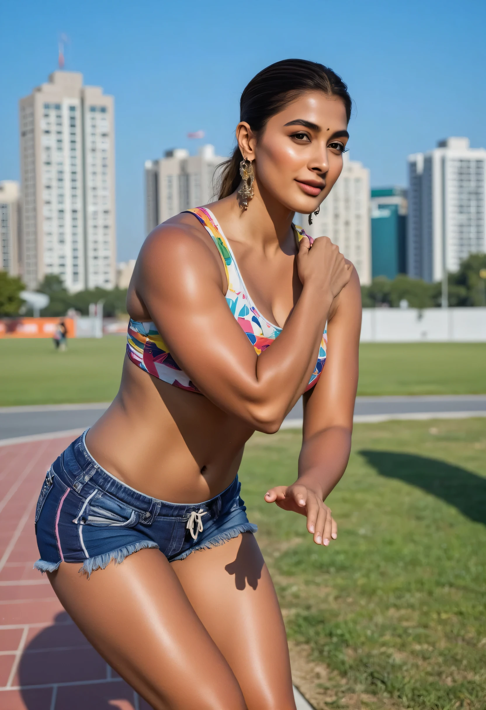 A fit, curvy, and beautiful female Indian athlete performs explosive step-ups on a park bench, with a vibrant city skyline in the background. She wears decorated running denim torn shorts with side-cut, showcasing her athletic form. The camera captures her powerful movements as she steps up and down, highlighting her strength and agility. The focus is on the intensity of each step, with sweat glistening under the sun, emphasizing her effort and determination. The scene is well-lit, highlighting her physique and the dynamic nature of her workout.
,woJ3ssB13l