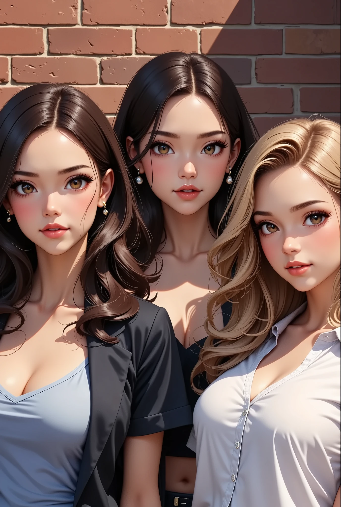 generate an illustrated style image about three Caucasian women. they are hugging each other, smiling and expressing happiness and affection for each other. The woman on the left has curly, voluminous hair, black eyes and is wearing formal clothing. the woman in the center has long, wavy brown hair, honey-colored eyes and is wearing formal clothing, the woman on the right has dark, curly, shoulder-length black hair and black eyes. They are in an office in Paris