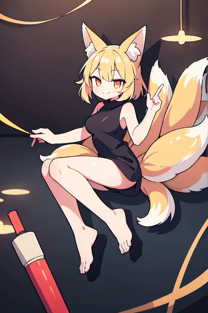 (Feets, masterpiece, best quality, ultra detailed), 1girl, solo, smile, kyuubi no kitsune, multiple tails, fox tail, fox shadow puppet, double fox shadow puppet, 