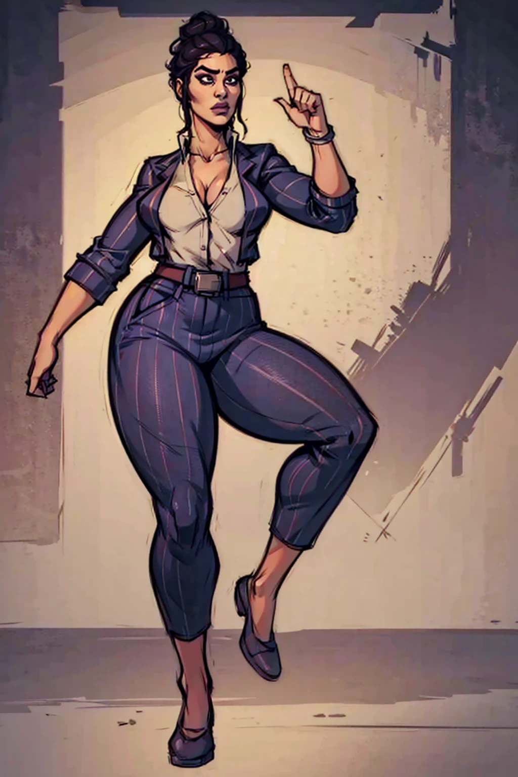 Digital art, highly detailed, angled view, sexy standing pose, legs spread apart, hands held up in a fighting form, mature woman, adult female, full curvy figure, whole body, form-fitting, Jane Romero (Dead by Daylight) inspired costume, pinstriped blazer, blouse, belt, pinstriped baggy pants that ends above the ankle, belt, flat office shoes, 1woman, solo, upper body, lower body, ((Extremely Detailed)), ((Best Quality)), ((Masterpiece)), ((4k)).
