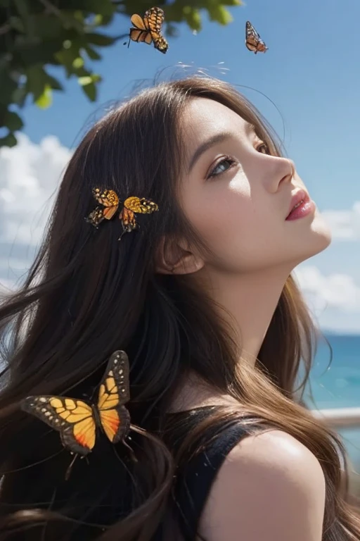 (woman\(student, , JK, Long hair, Colorful eyes, Pale skin，) look up to the sky), (Many butterflies flying in the air), Beautiful sky, Summer，Colorful flowers blooming everywhere, (Bubbles sparkling in the sky) ,quality\(8K,CG Wallpaper, masterpiece,High resolution,top-quality,Surrealism,Improve resolution,RAW photos,Best quality,Very detailed,light,Ray Tracing,Golden Ratio)