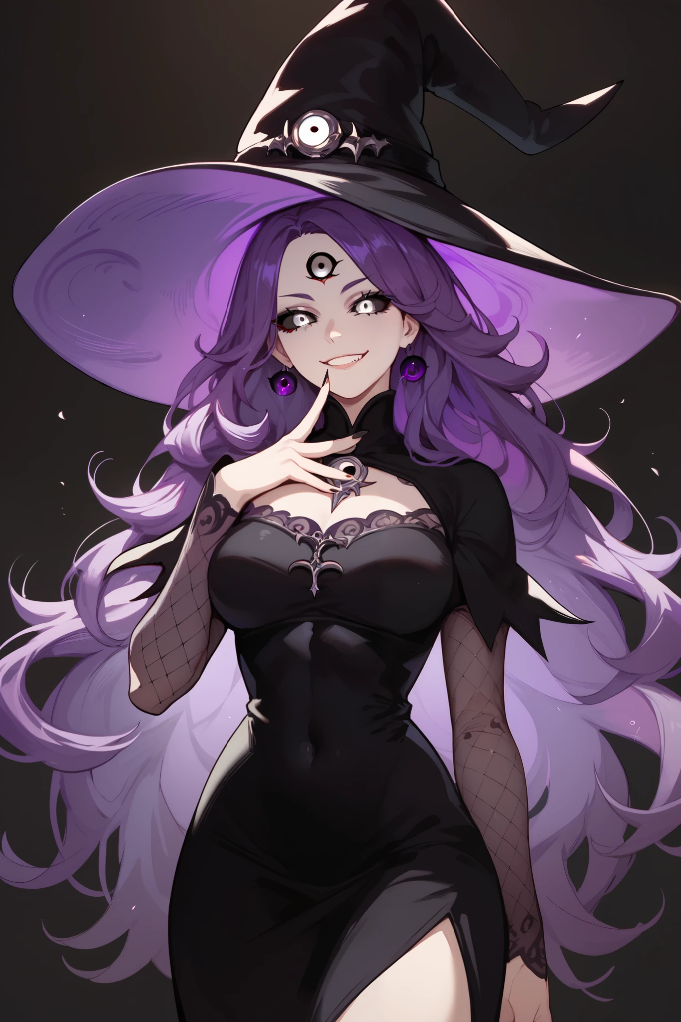  1woman, Purple hair, long hair, white eyes, Black eye sclera, black sclera, long black dress, witch, exuding a purple aura,Anime style ,Third eye on forehead, black witch hat,Evil smile 