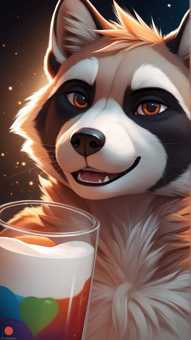 solo male,adult.raccoon, furry, black and gray fur, brown  eyes. dynamic lighting, illustration, beautiful, particles (high quality,4k,8k,highres,masterpiece:1.2), ultra-detailed, impressionistic:colorful, drinking tea with marshmallows. Соло, Соло, цветное фото