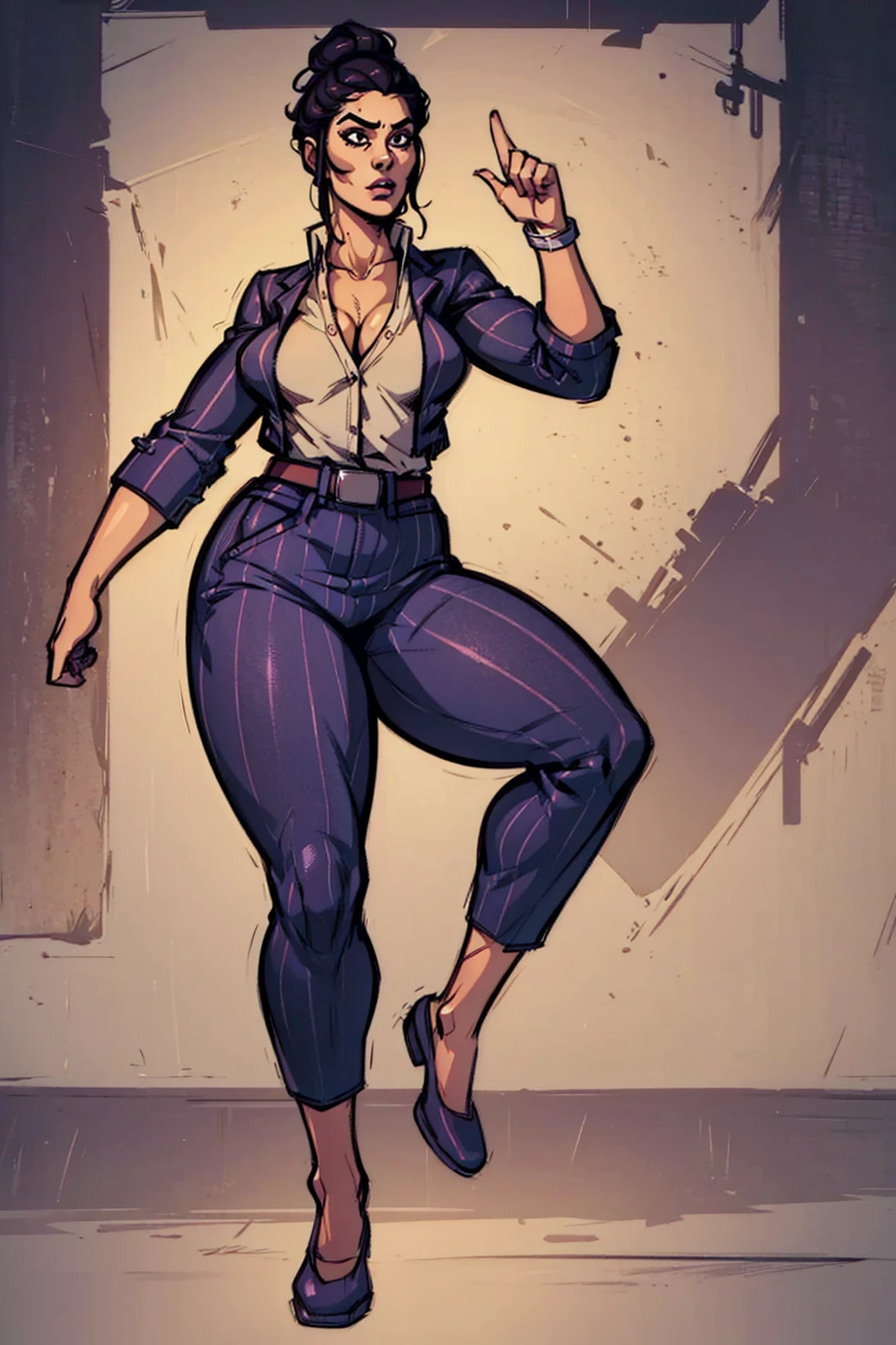 Digital art, highly detailed, angled view, sexy standing pose, legs spread apart, hands held up in a fighting form, mature woman, adult female, full curvy figure, whole body, form-fitting, Jane Romero (Dead by Daylight) inspired costume, pinstriped blazer, blouse, belt, pinstriped baggy pants that ends above the ankle, belt, flat office shoes, 1woman, solo, upper body, lower body, ((Extremely Detailed)), ((Best Quality)), ((Masterpiece)), ((4k)).
