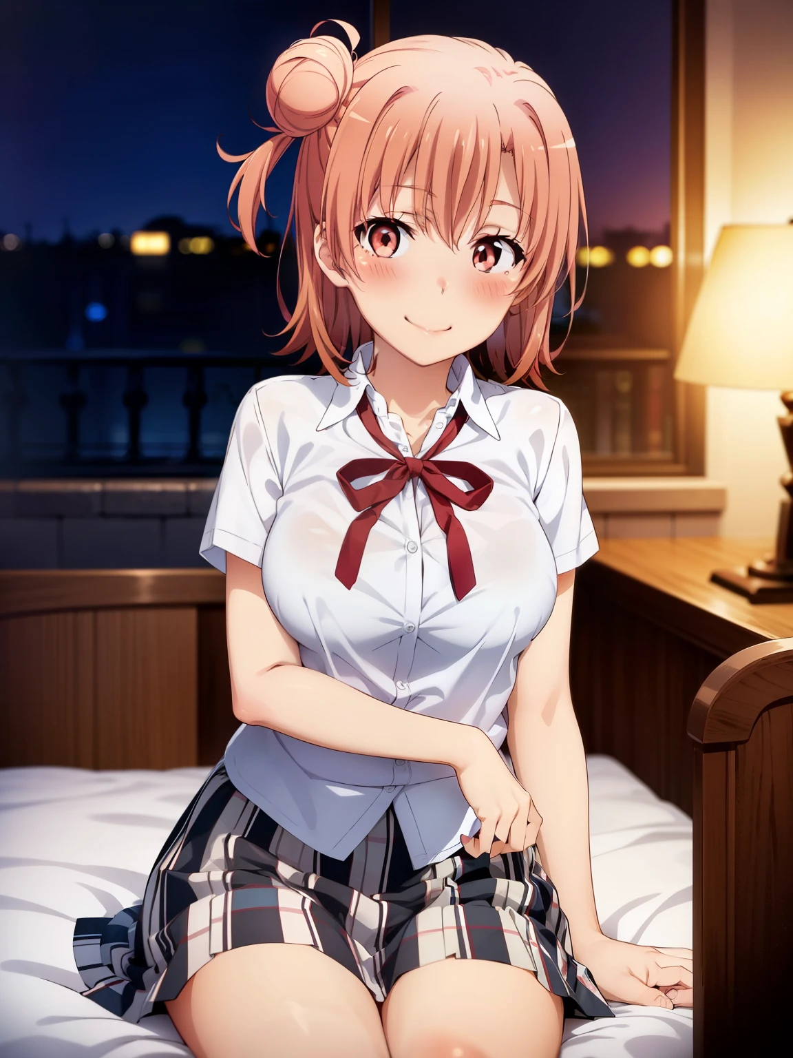 1 girl,  
yuigahama yui, pink hair, hair bun, short hair, 

(8K, Top quality, muste piece)

white collared shirt, 
black skirt, 
grin, blush, 
sitting on pink bed, open legs, 
cleavage, big breasts, sfw, 

night view, 
pov, from below, 