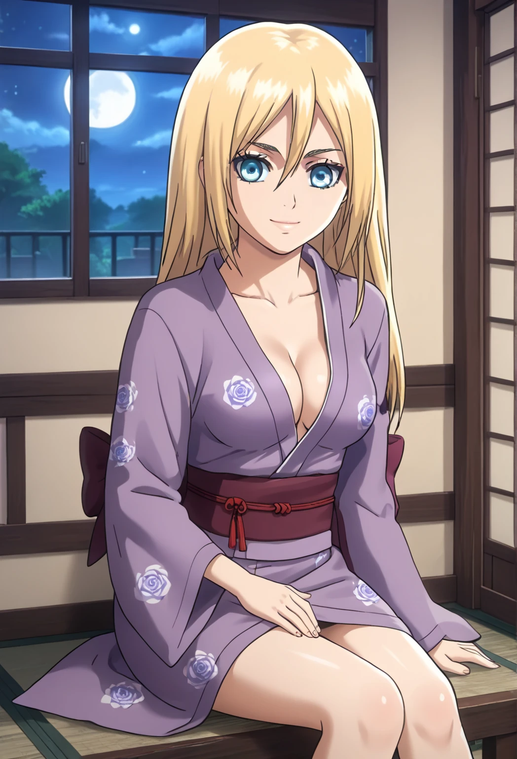 score_9, score_6_up, source_anime, 1girl,source_anime,historiaReiss ,blonde hair,long hair,blue eyes,detailed face,masterpiece,best quality,christa renz, medium breasts,  girl, solo, closed mouth, light smile, yukata, purple kimono, open kimono, breast, sitting, crossed legs, looking at viewer, indoors, window, night, moon