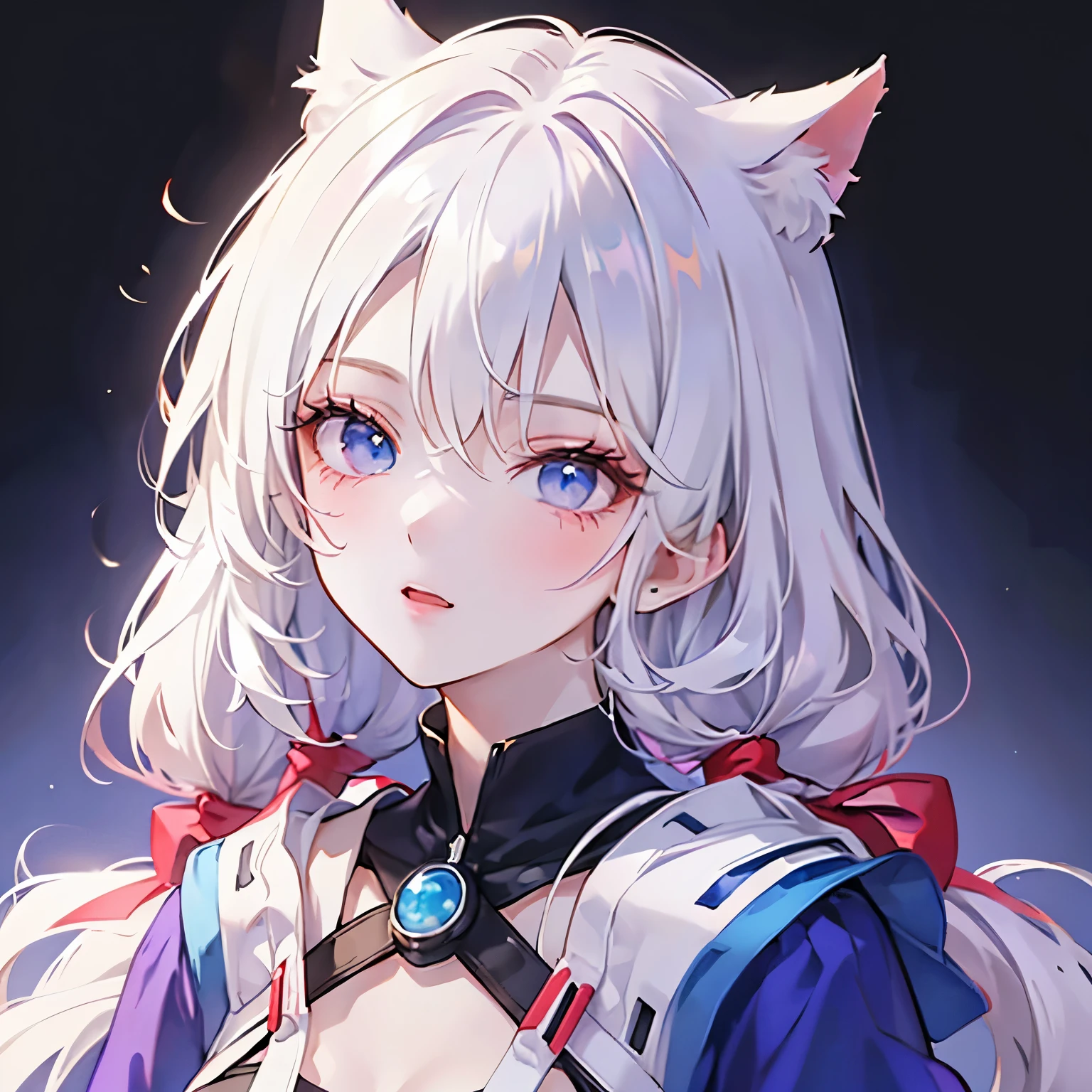 (White background), (masterpiece, best quality), solo, vtuber-fullbody, full body, (white backgound), 1girl, cat ears, cat tail, (height 157cm), (long hair, low twintails), ahoge, (Gradient hair from white to blue), (beautiful eye), (left eye purple), (right eye blue), fantasy