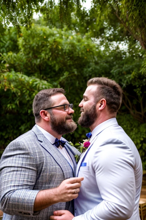 Award-winning original photos, 2men, a wild muscular man and a tall chubby man, (40 years old daddy:1.1), beards, burly, hunk, (wedding suits), one man wearing glasses, about to kiss passionately, detailed, lovely, upper body shot, outdoor wedding hall, from the side