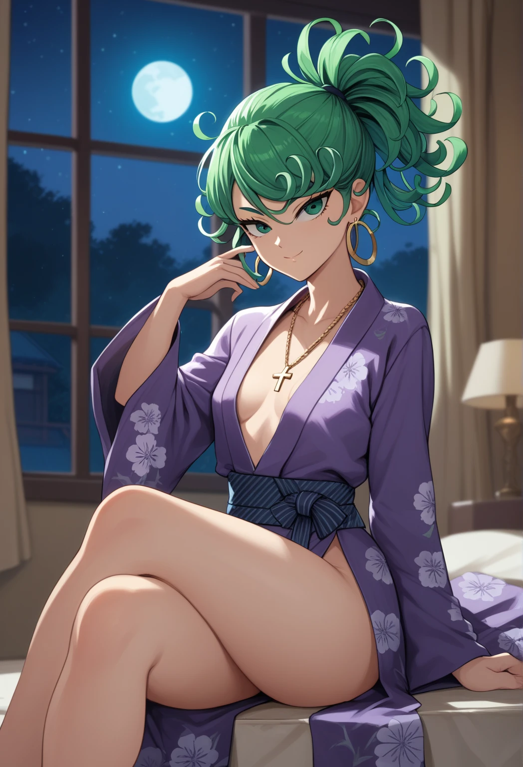 tatsumaki,green hair,curly hair,green eyes, long hair,small breast , Ponytail,
, earrings,hoop earrings,cross necklace,jewelry,poese, High Resolution, Masterpiece, High Quality, Bangs, Hair Over One Eye,  girl, solo, closed mouth, light smile, yukata, purple kimono, open kimono, breast, sitting, crossed legs, looking at viewer, indoors, window, night, moon,
