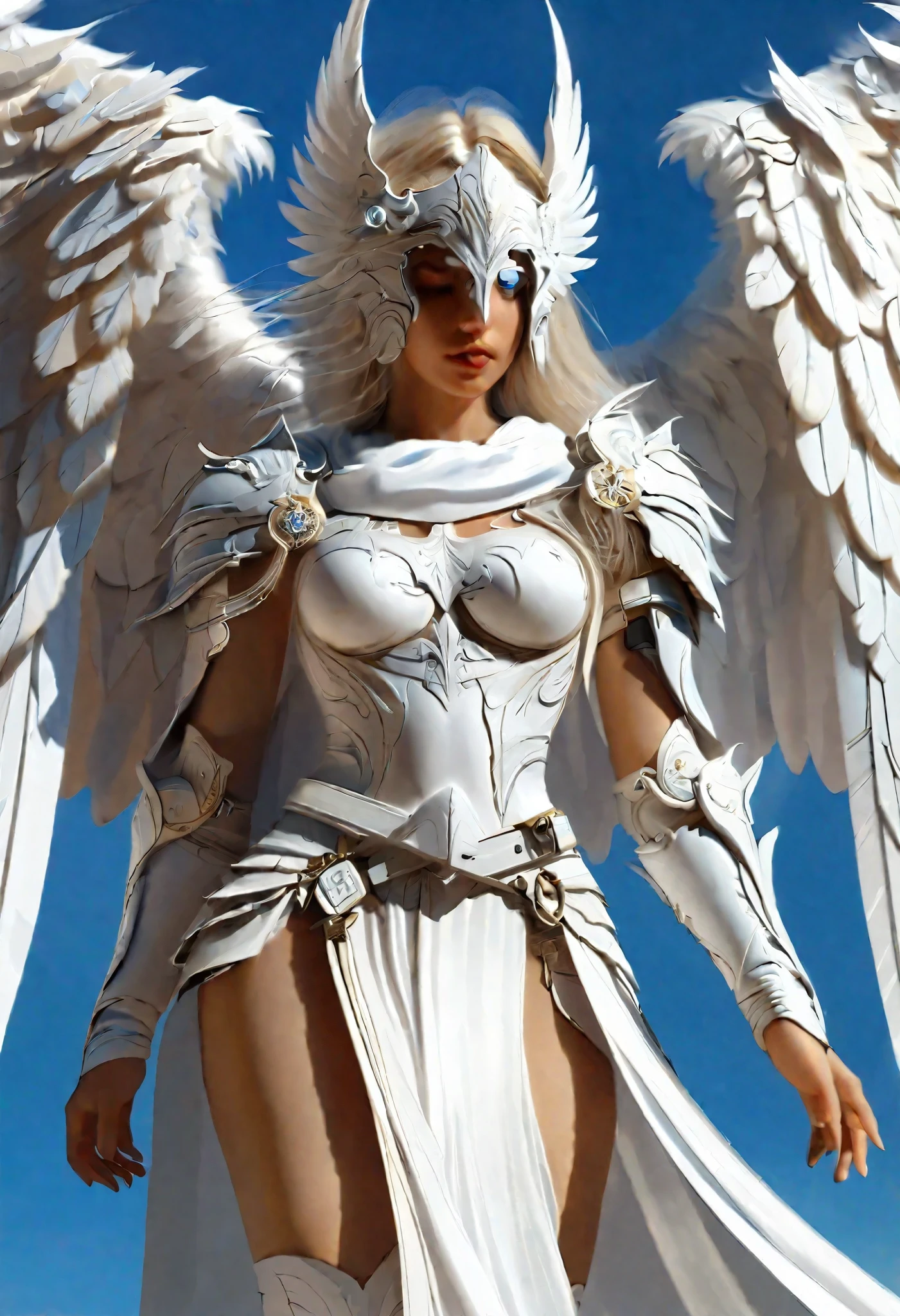 1 female angel，White cape showing at waist_wings armor feathers_Long wing feathers_Hair Shoulders Armor Shoulders_Single piece of armor_Upper wing separation_The body is white_Theme blue_wings wings leg armor